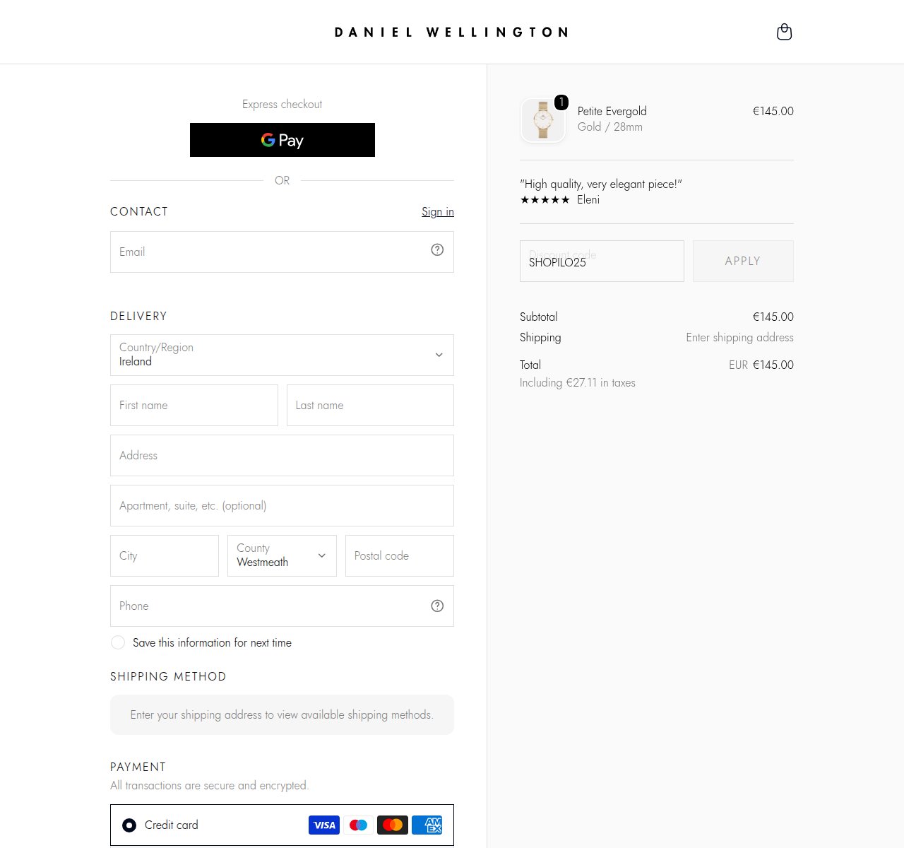Where to enter the discount code on the Daniel Wellington website