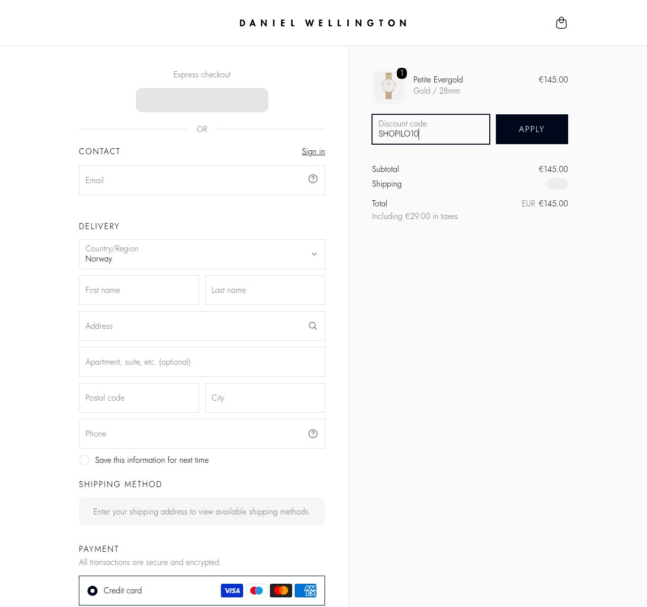 Where to enter the discount code on the Daniel Wellington website