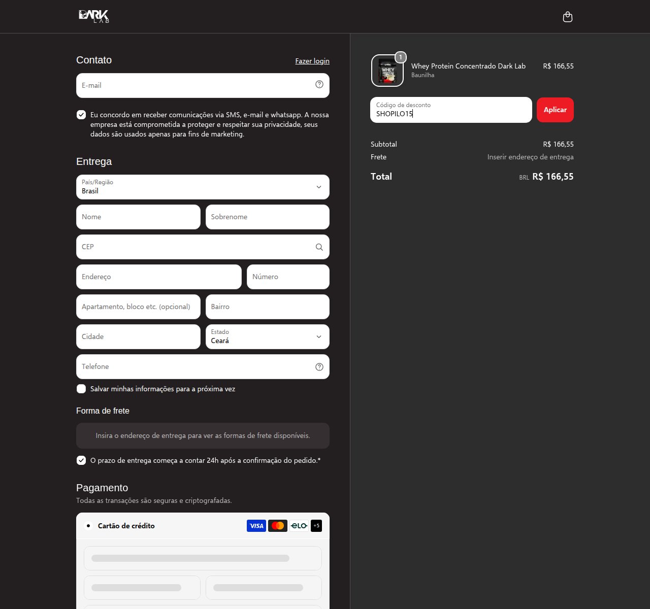 Onde inserir o código de desconto no site da Dark Lab
