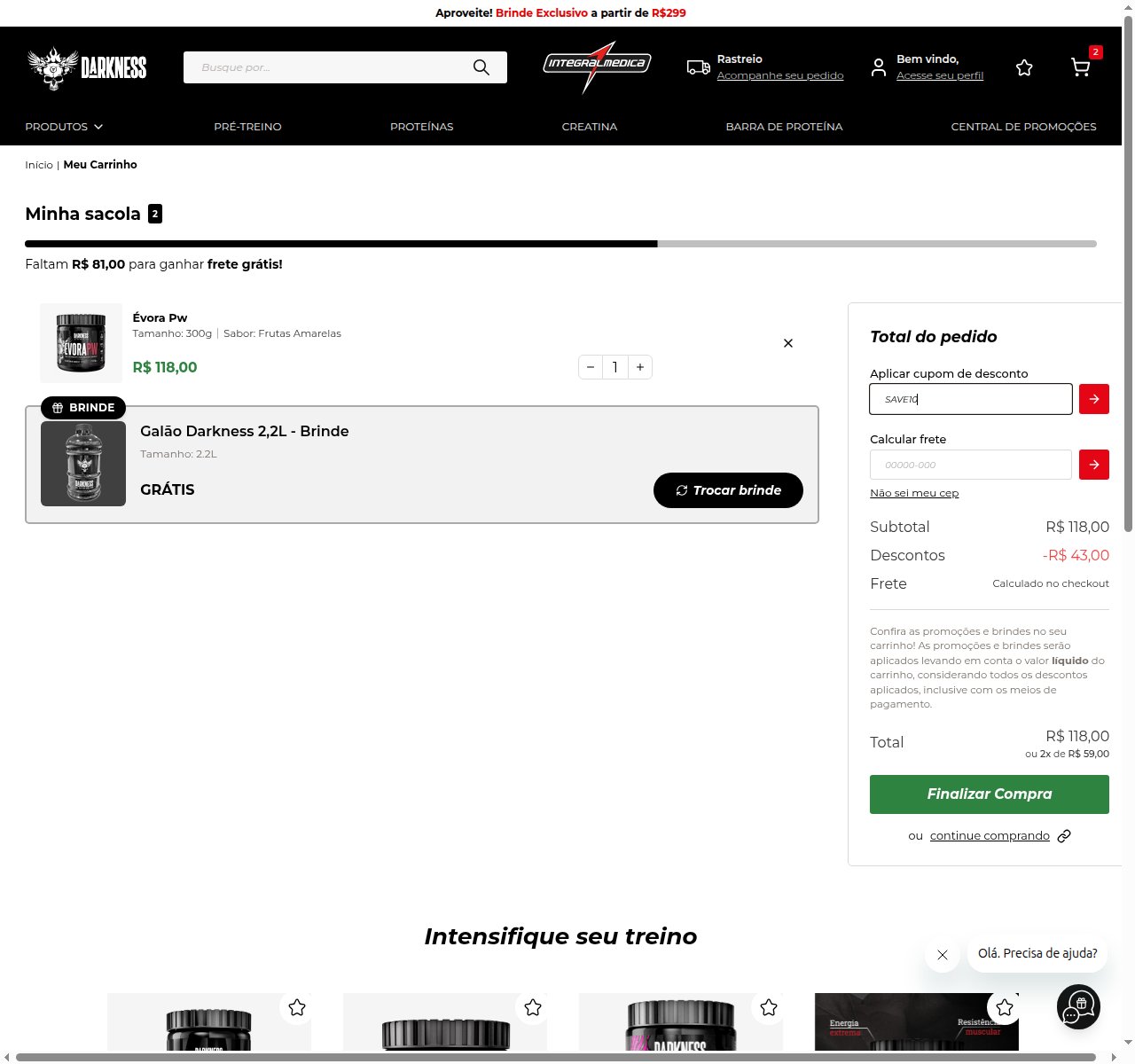 Onde inserir o código de desconto no site da Darkness