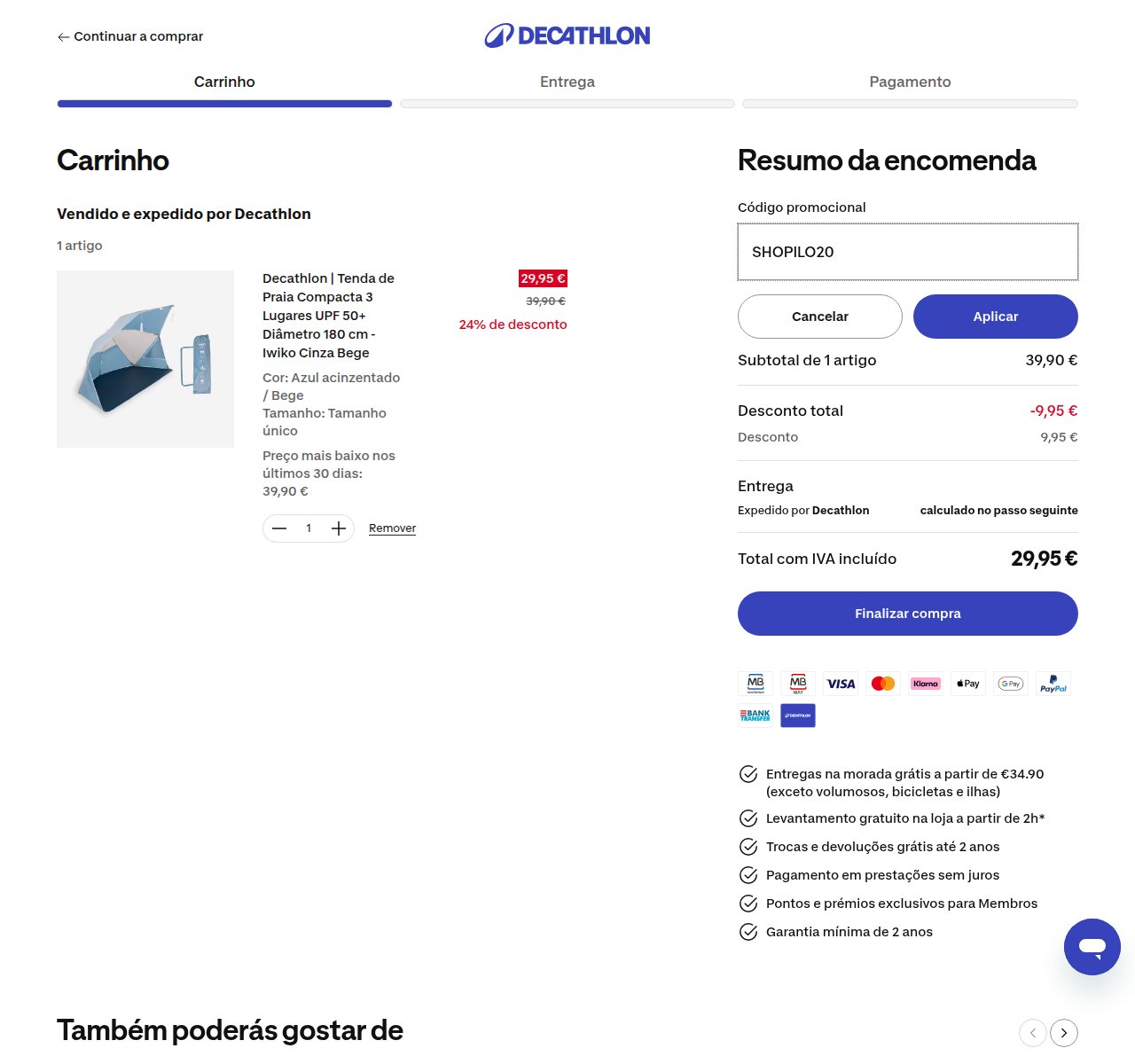 Onde inserir o código de desconto no site da Decathlon