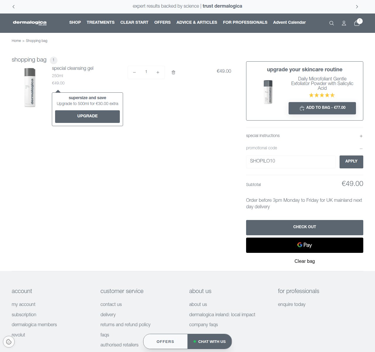 Where to enter the discount code on the Dermalogica website