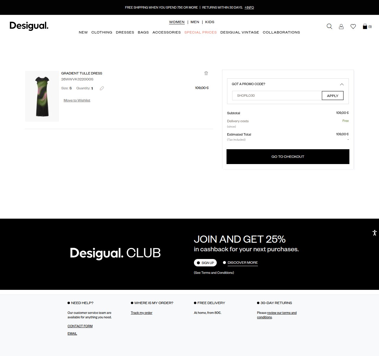 Where to enter the discount code on the Desigual website