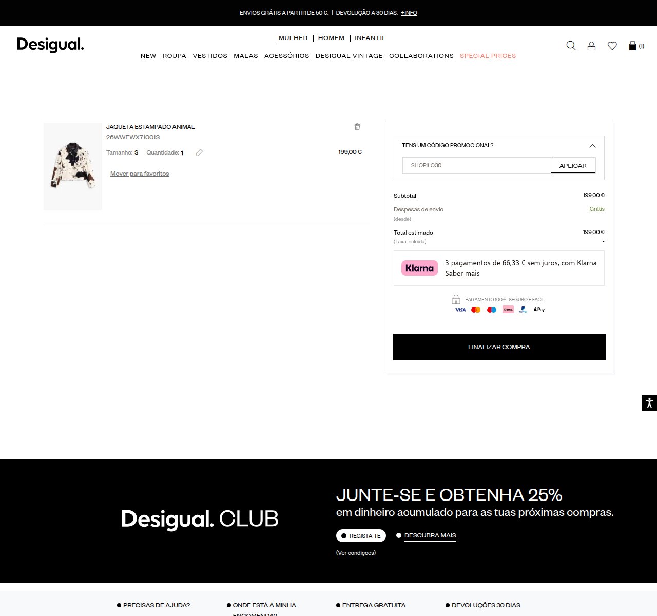 Onde inserir o código de desconto no site da Desigual