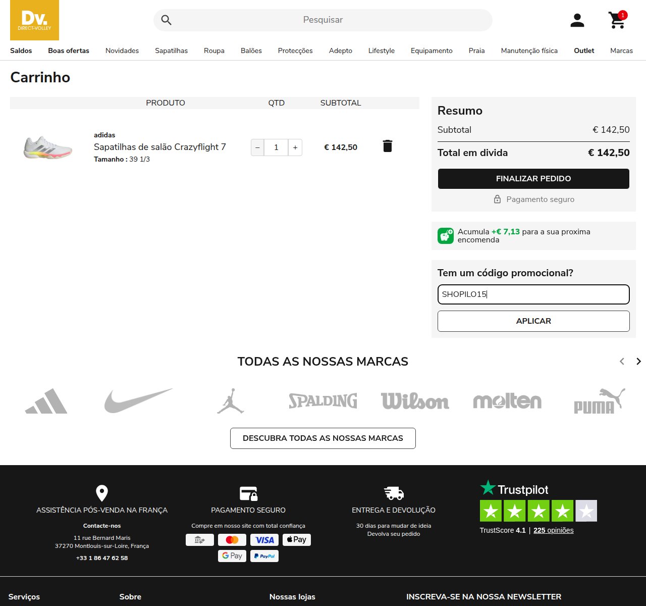 Onde inserir o código de desconto no site da Direct Volley