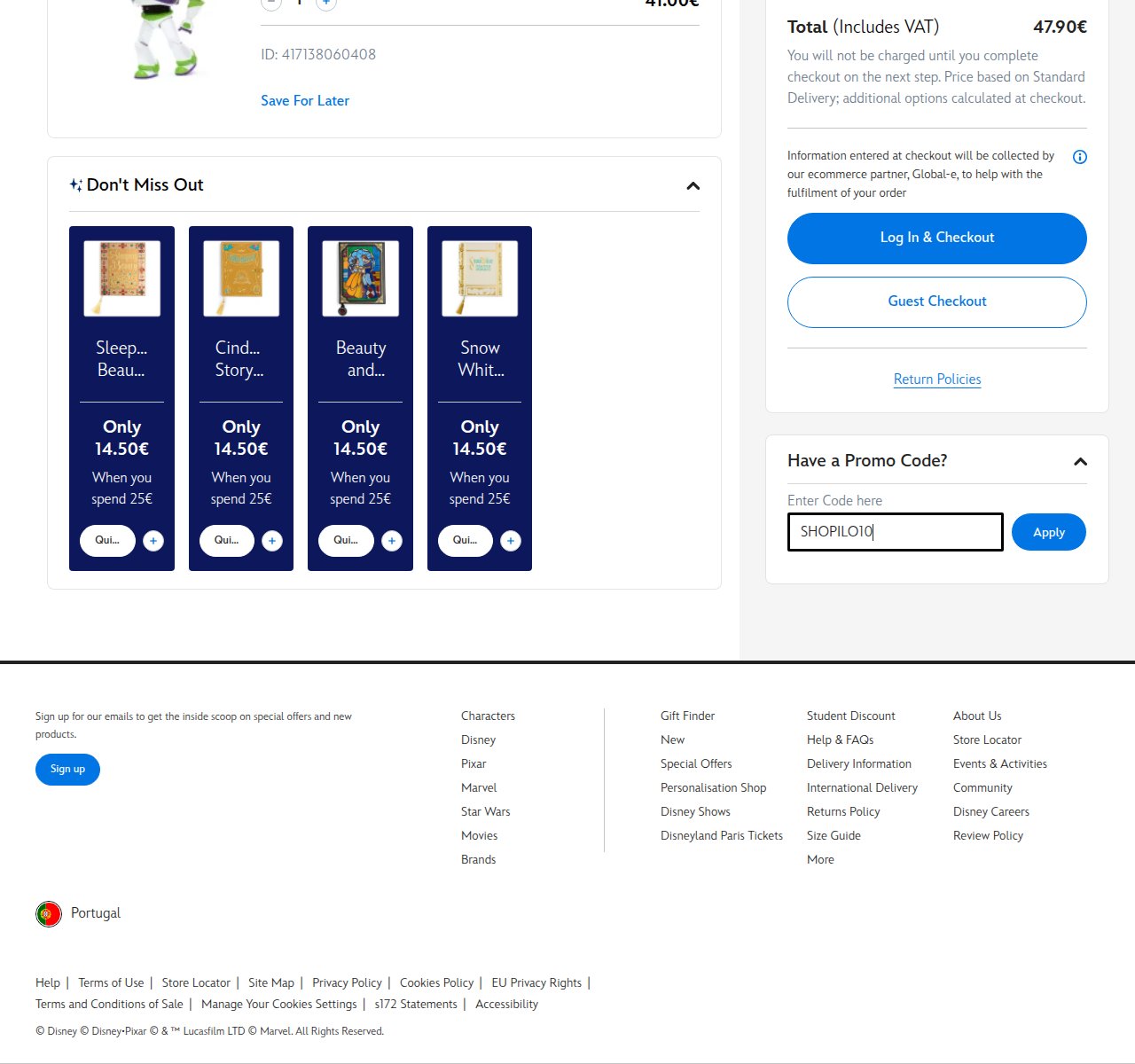 Onde inserir o código de desconto no site da Disney Store