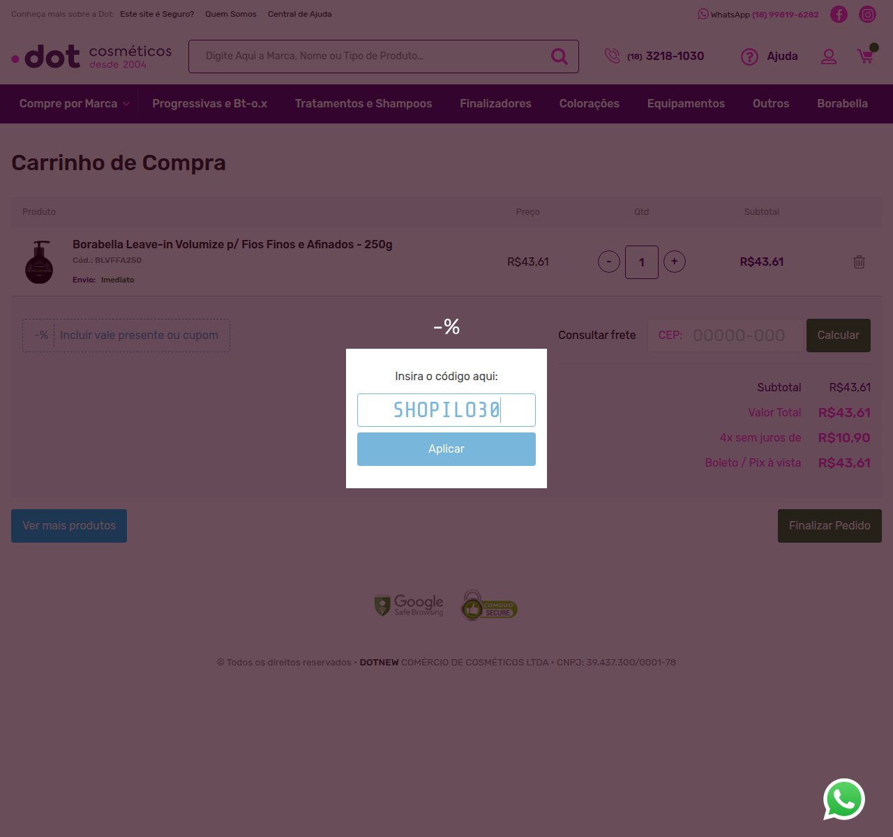 Onde inserir o código de desconto no site da Dot Cosméticos