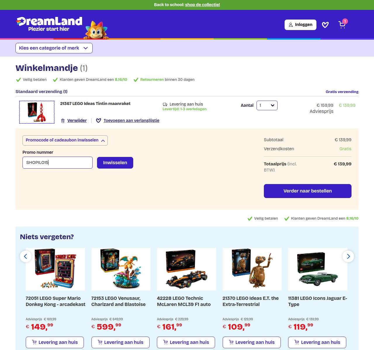 Waar je de kortingscode invoert op de DreamLand-website