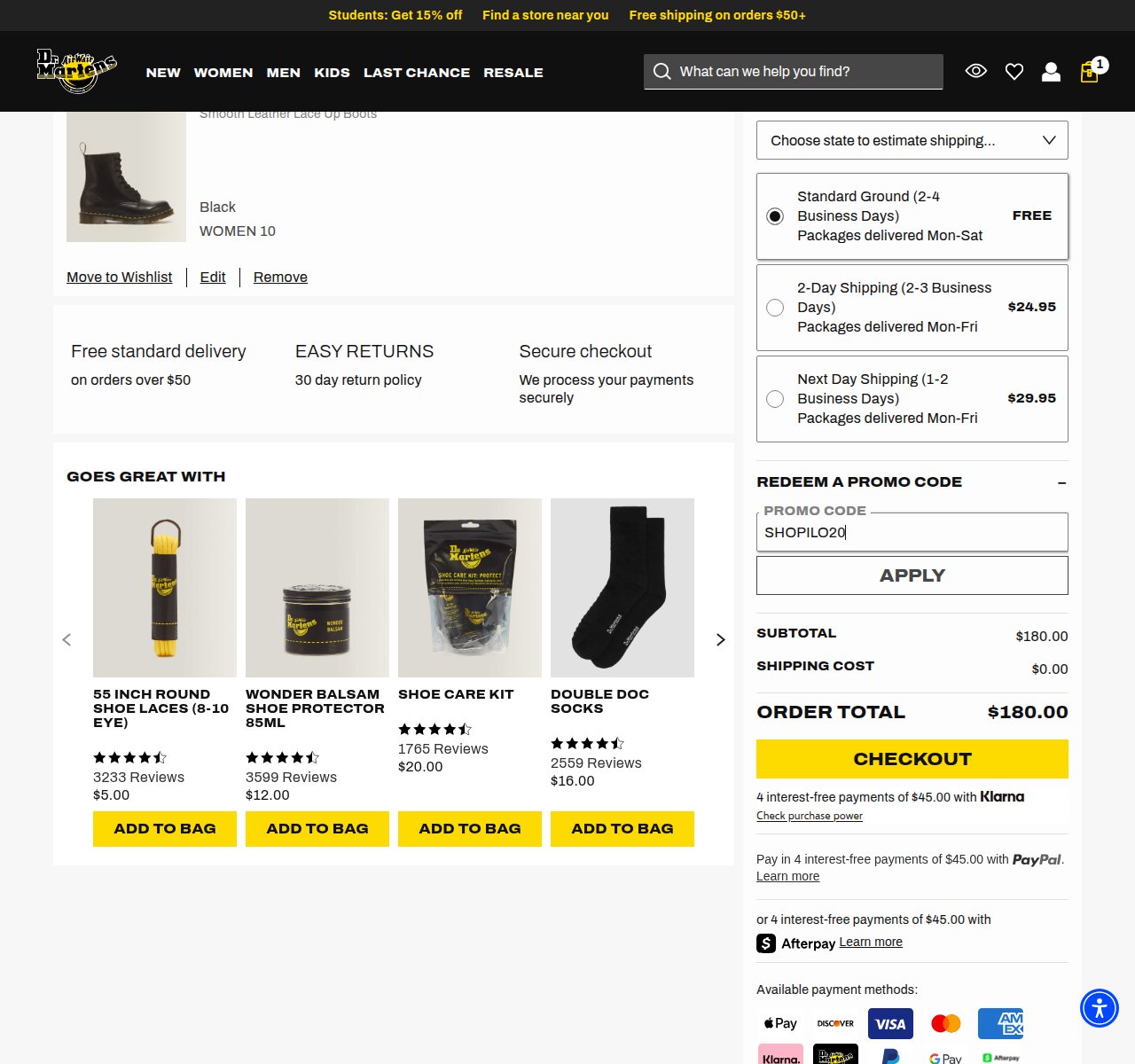 Mihin alennuskoodi syötetään Dr. Martens-sivustolla