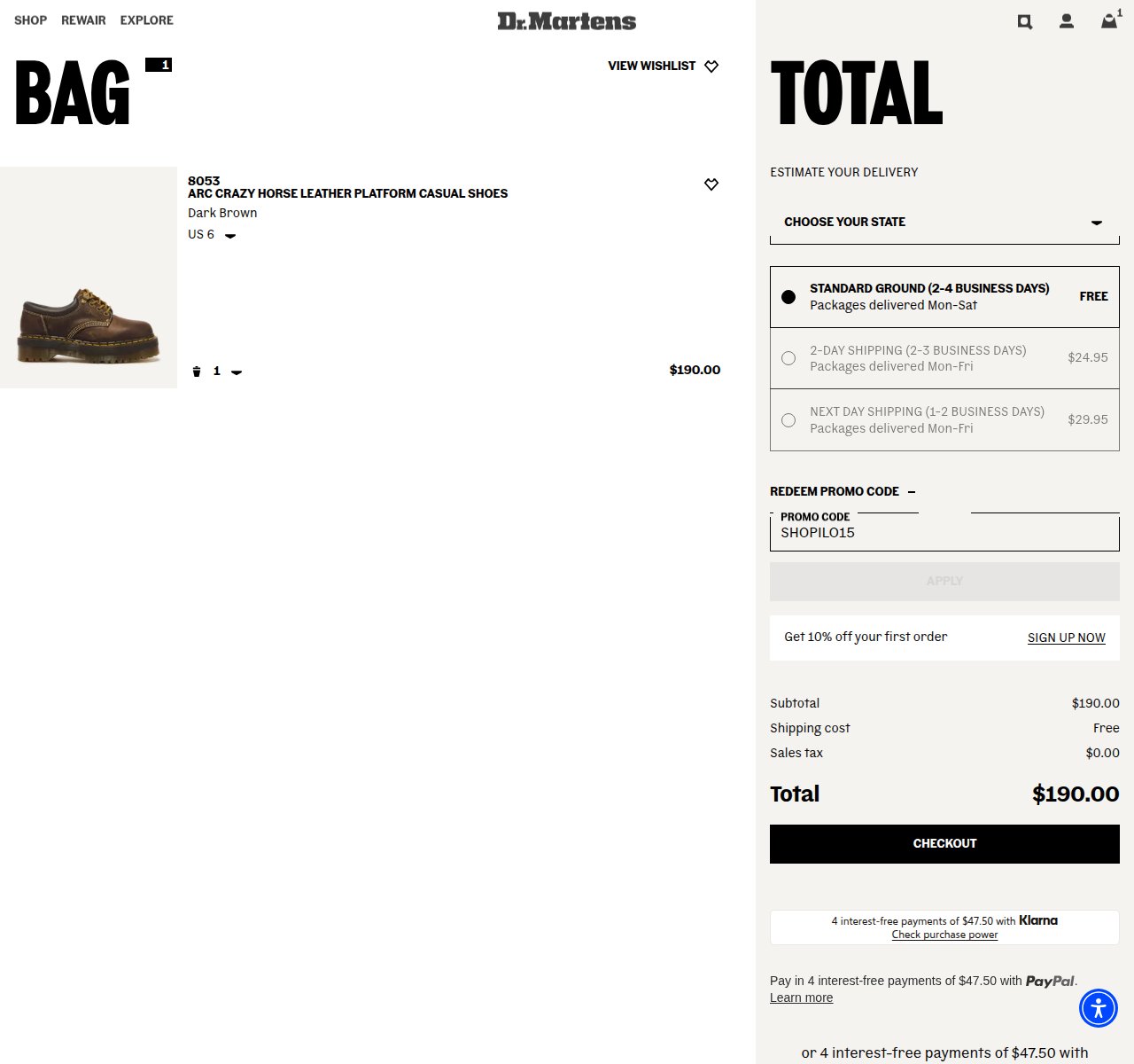 Where to enter the discount code on the Dr. Martens website