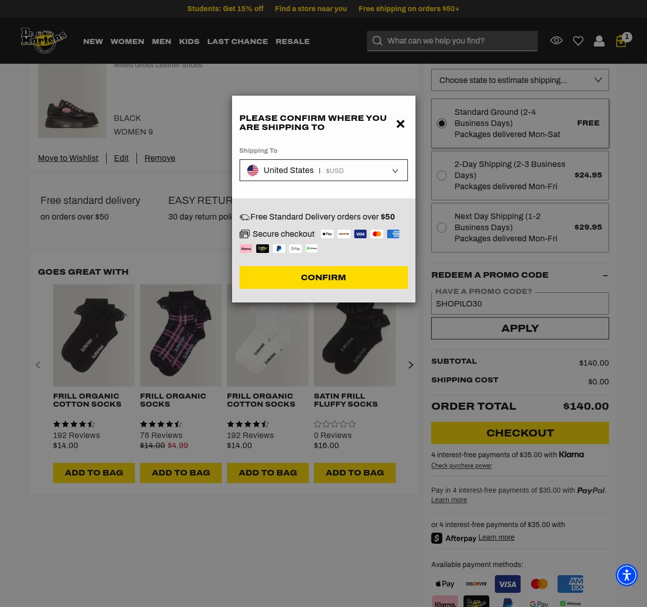 Waar je de kortingscode invoert op de Dr. Martens-website