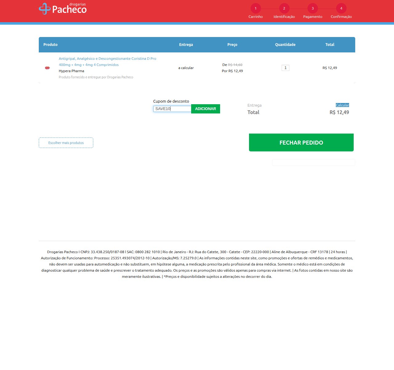 Onde inserir o código de desconto no site da Drogarias Pacheco