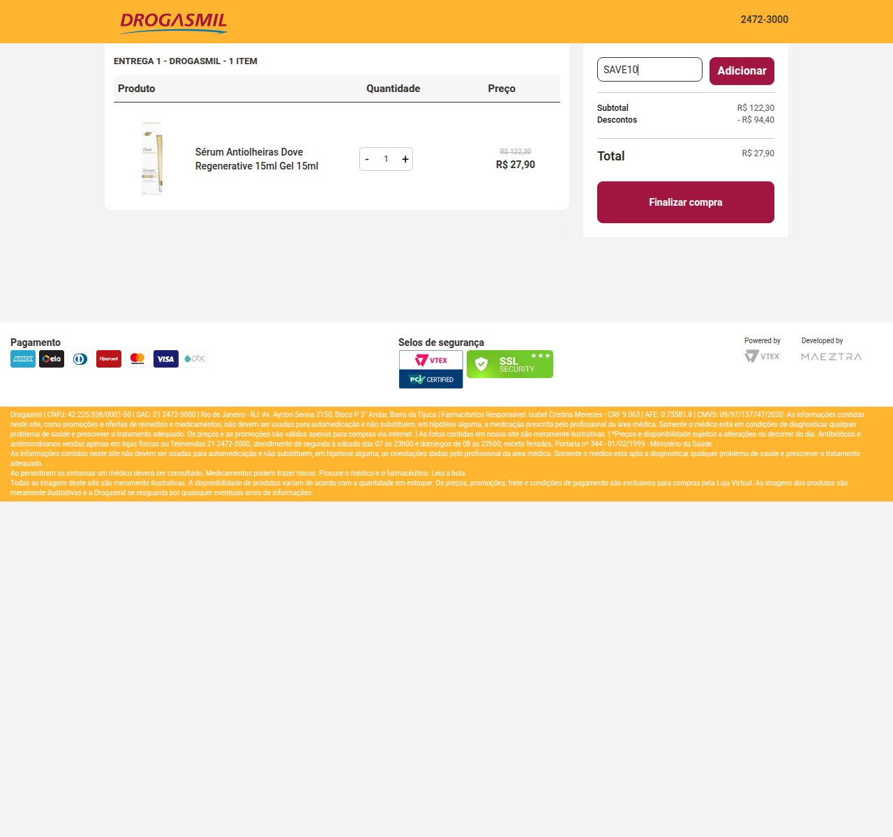 Onde inserir o código de desconto no site da Drogasmil