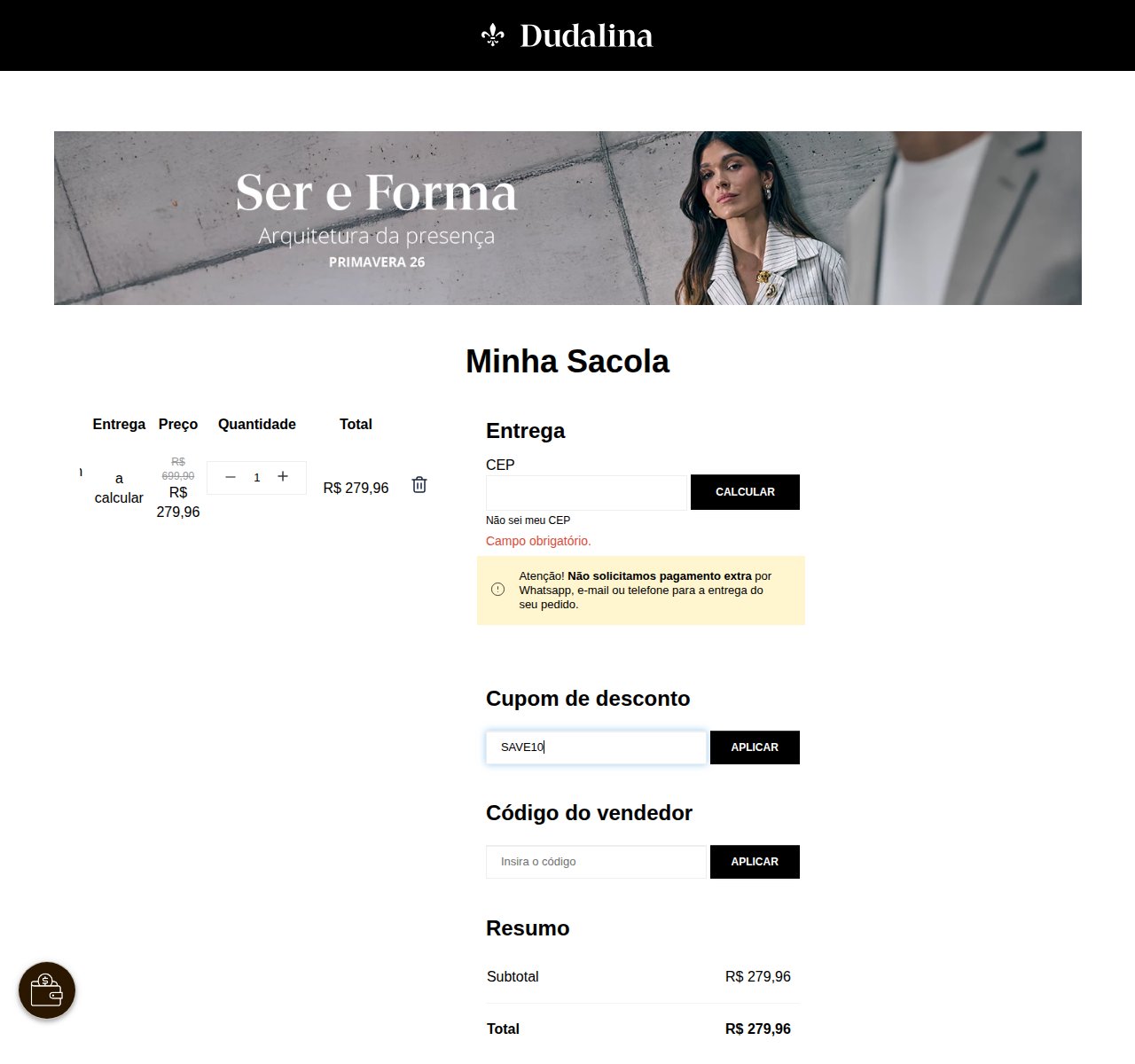 Onde inserir o código de desconto no site da Dudalina