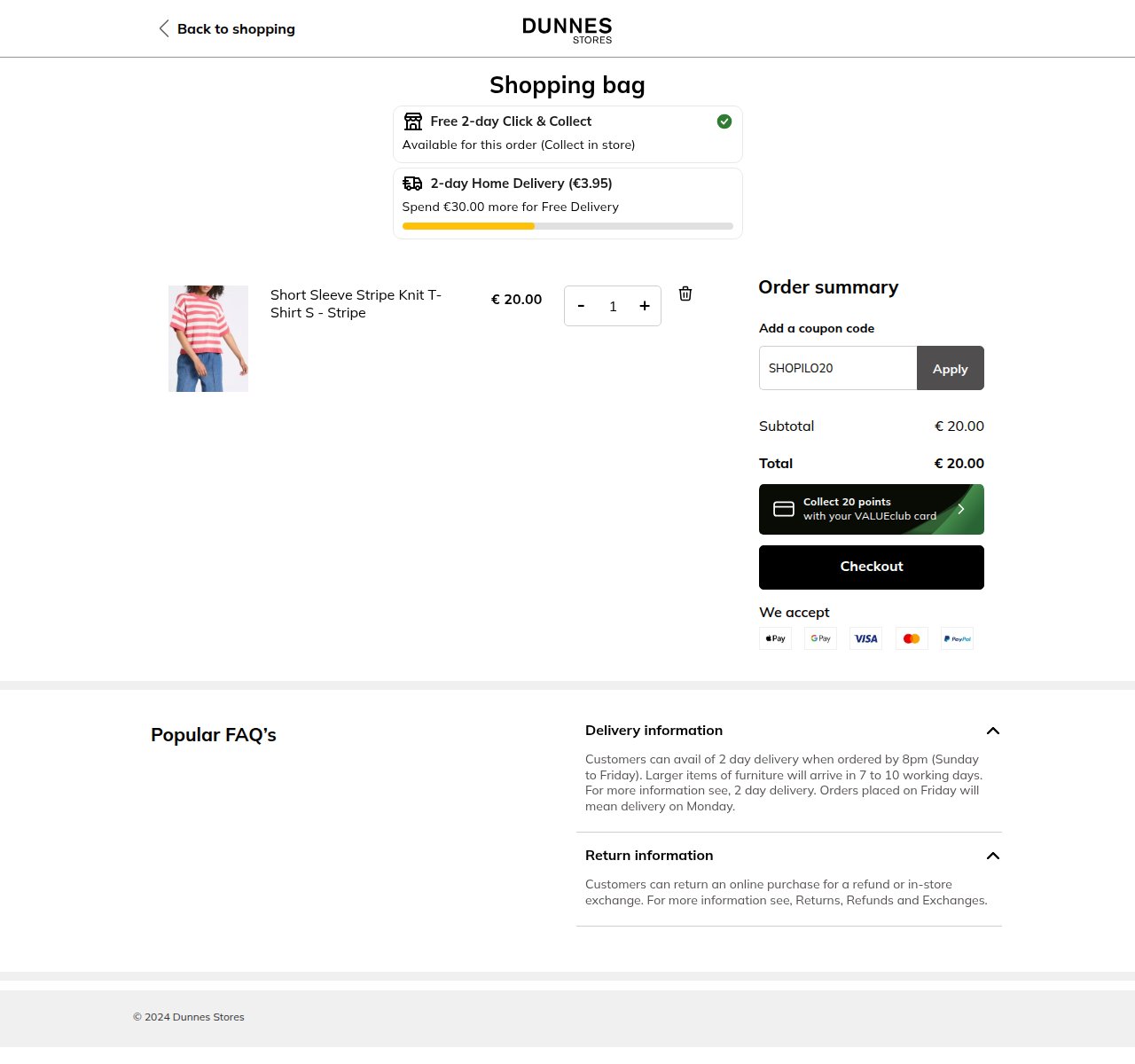 Where to enter the discount code on the Dunnes Stores website