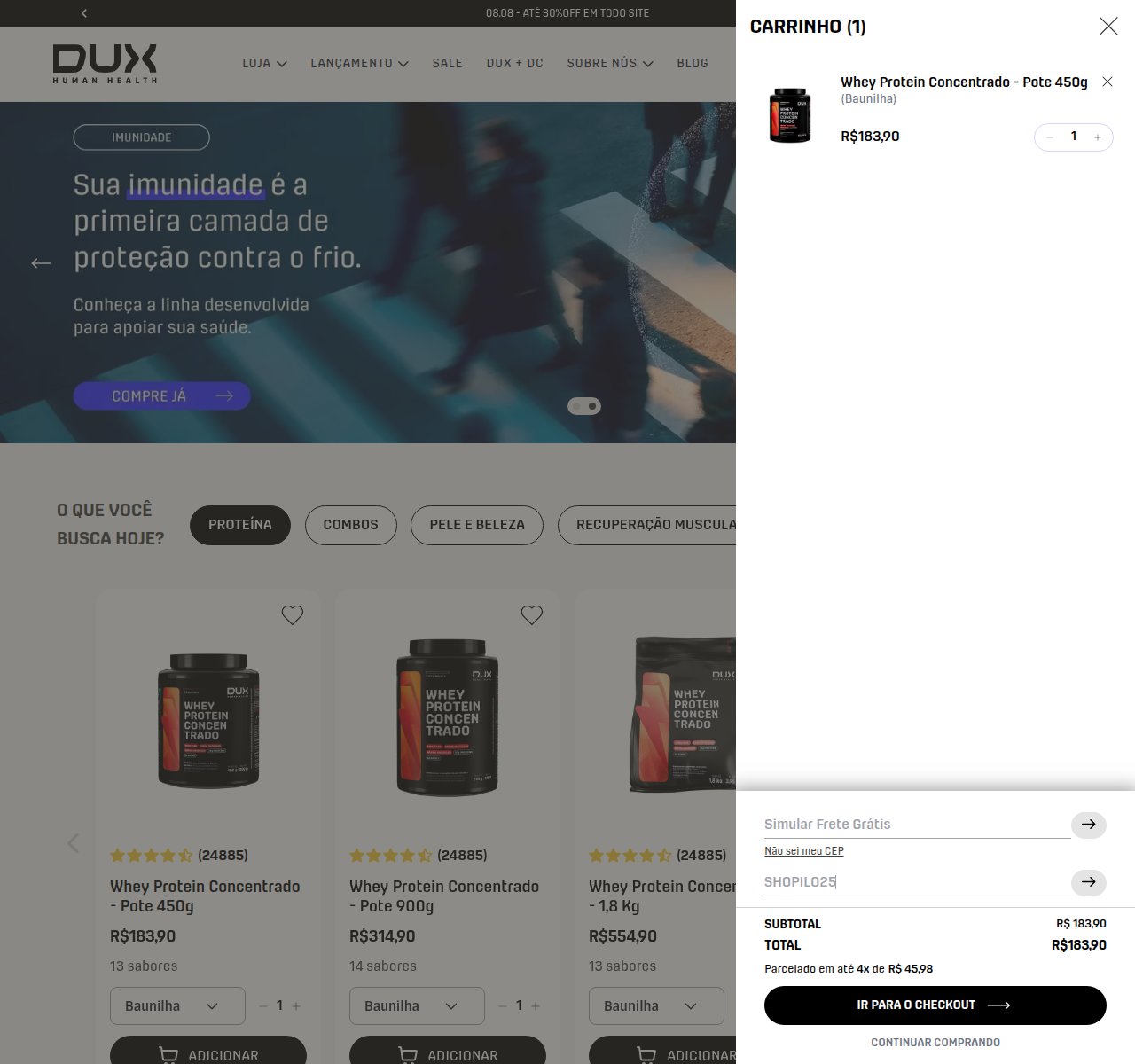 Onde inserir o código de desconto no site da DUX