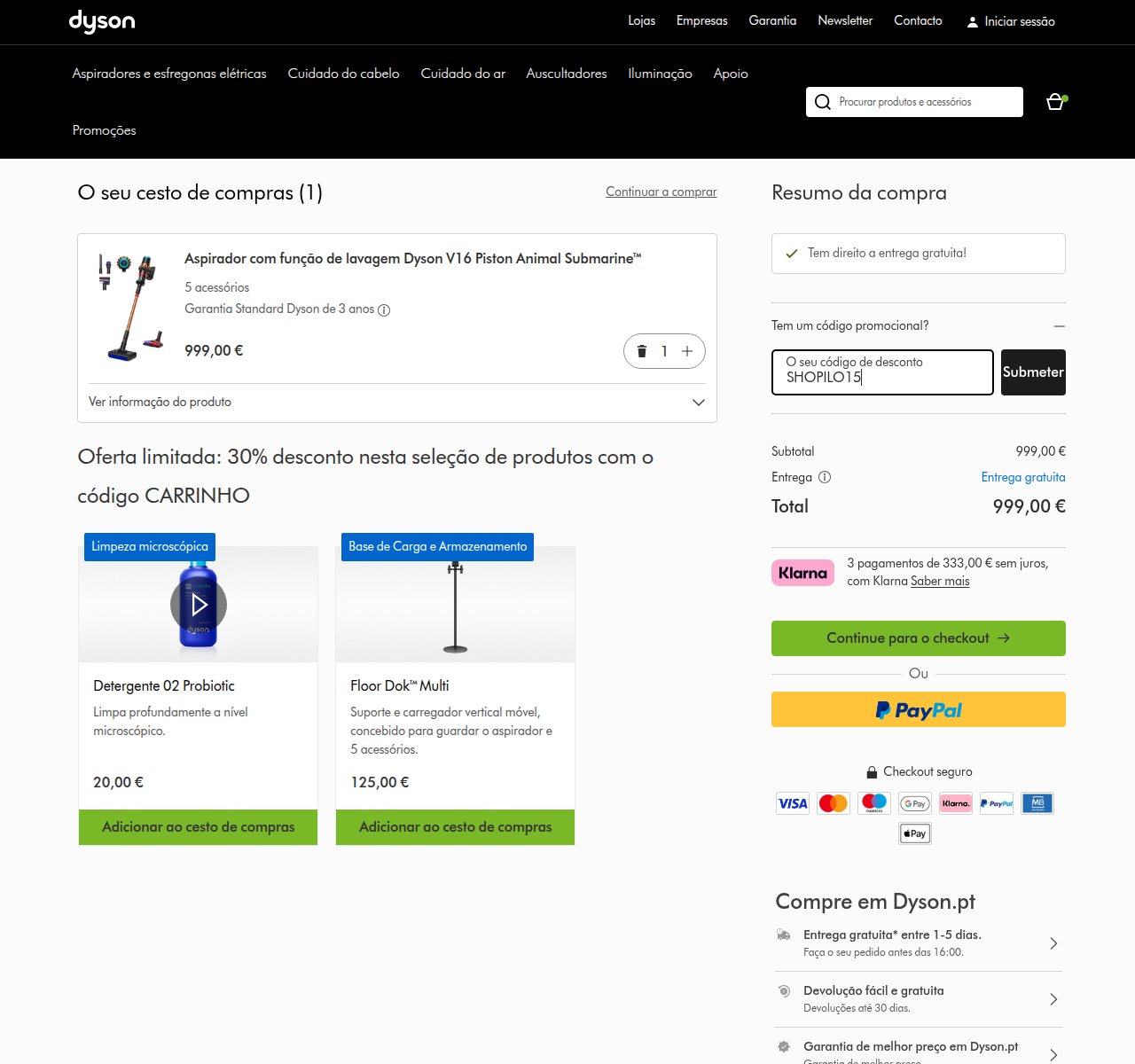 Onde inserir o código de desconto no site da Dyson