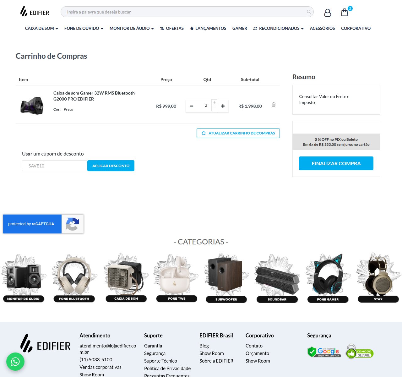 Onde inserir o código de desconto no site da Edifier