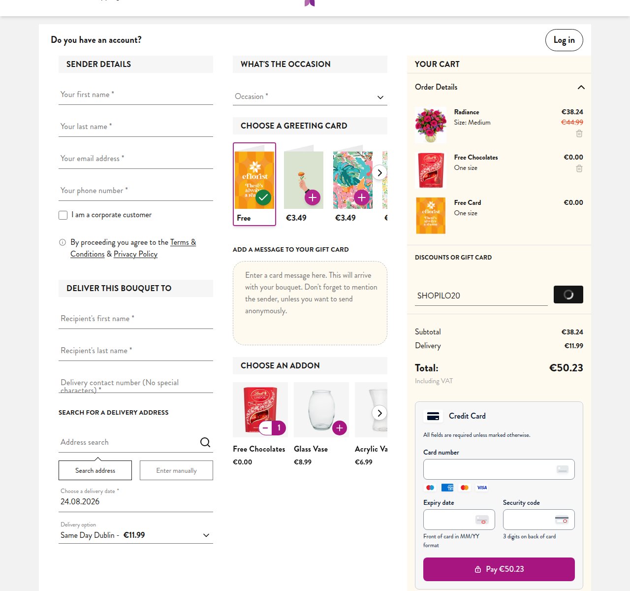 Where to enter the discount code on the Eflorist website