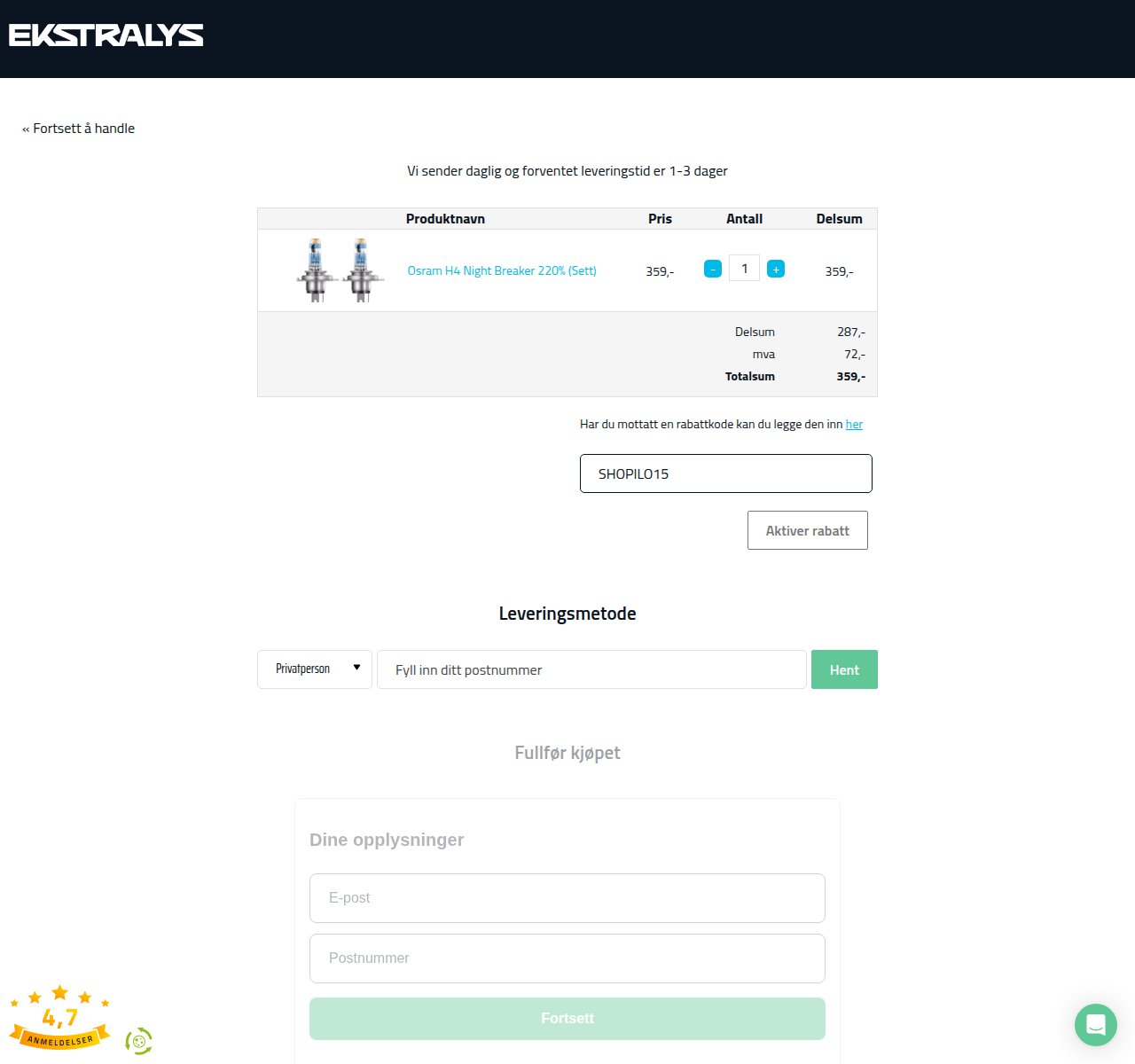 Where to enter the discount code on the Ekstralys website