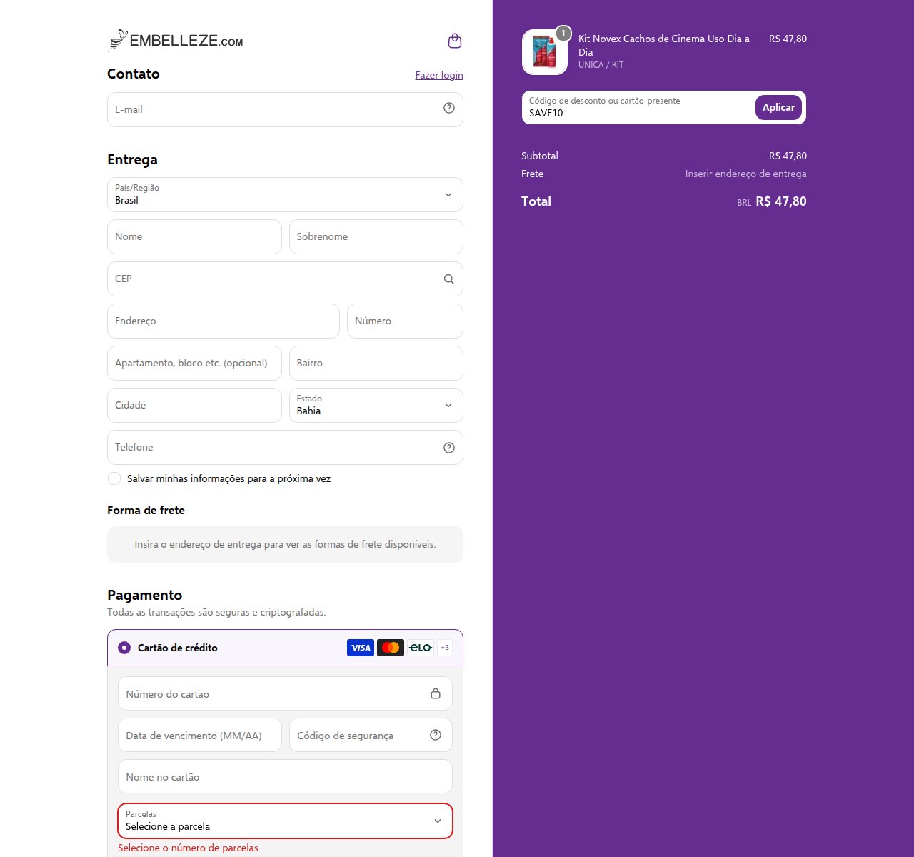 Onde inserir o código de desconto no site da Embelleze