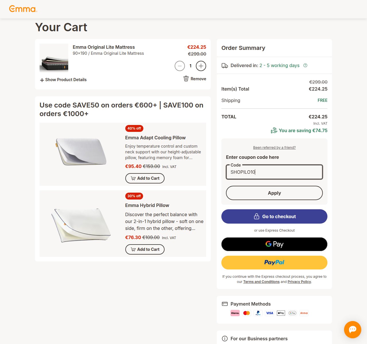 Where to enter the discount code on the Emma Sleep website