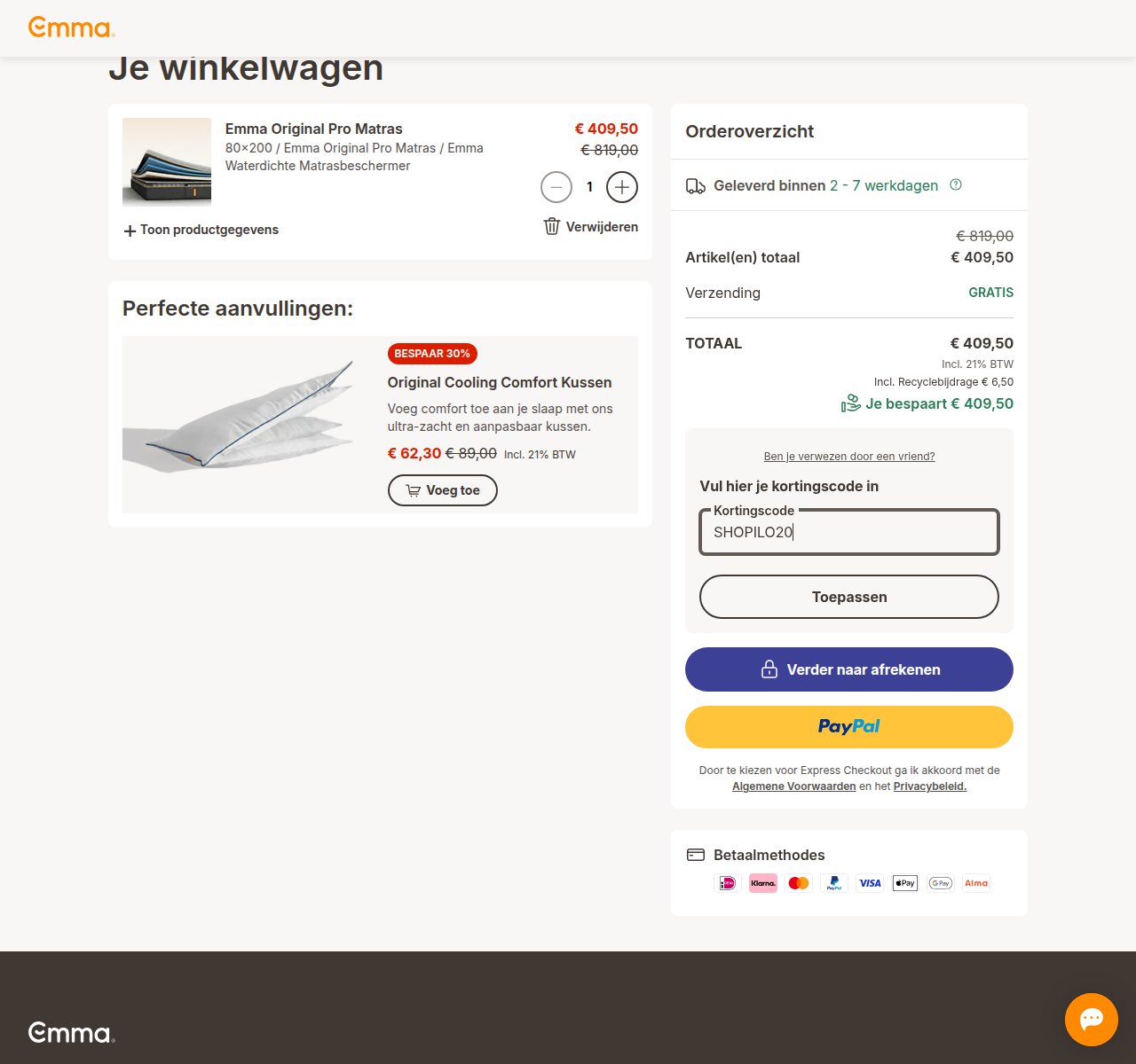 Waar je de kortingscode invoert op de Emma Sleep-website