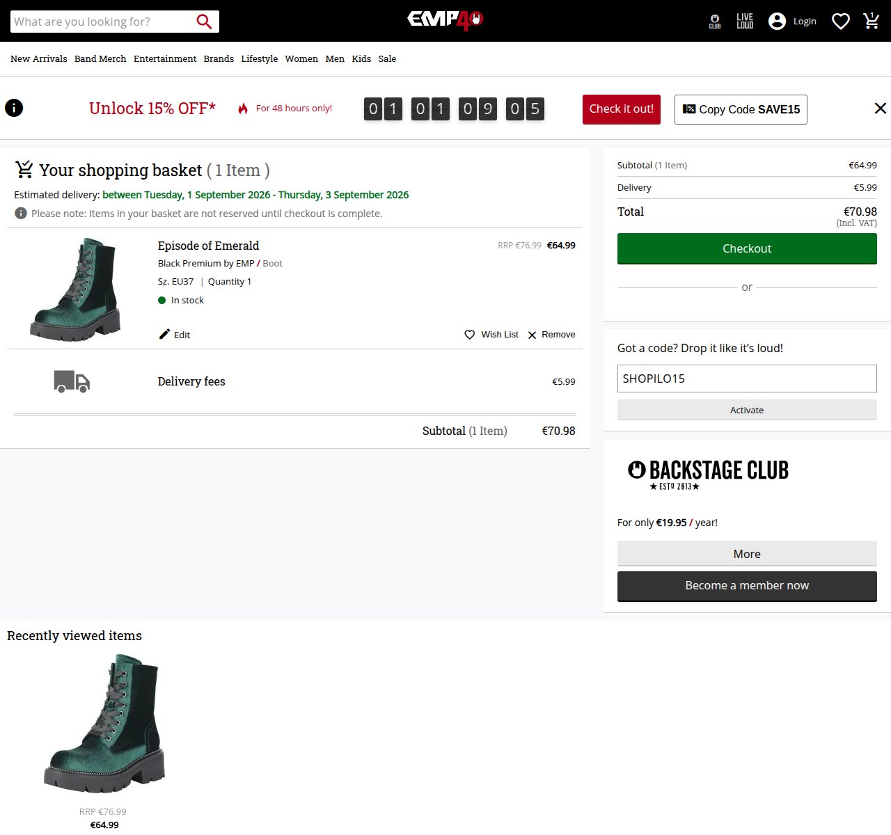 Where to enter the discount code on the EMP website