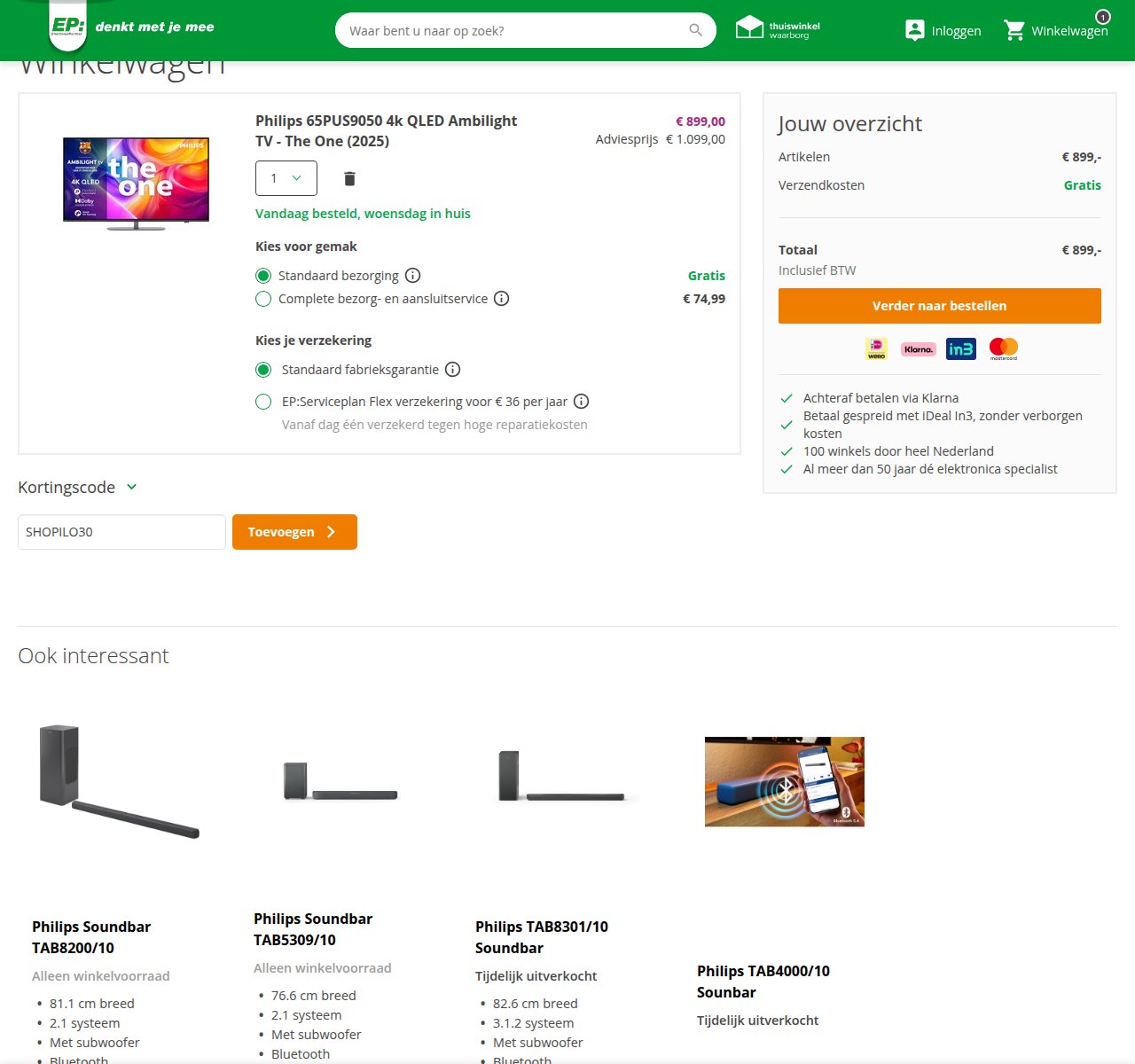 Waar je de kortingscode invoert op de EP-website