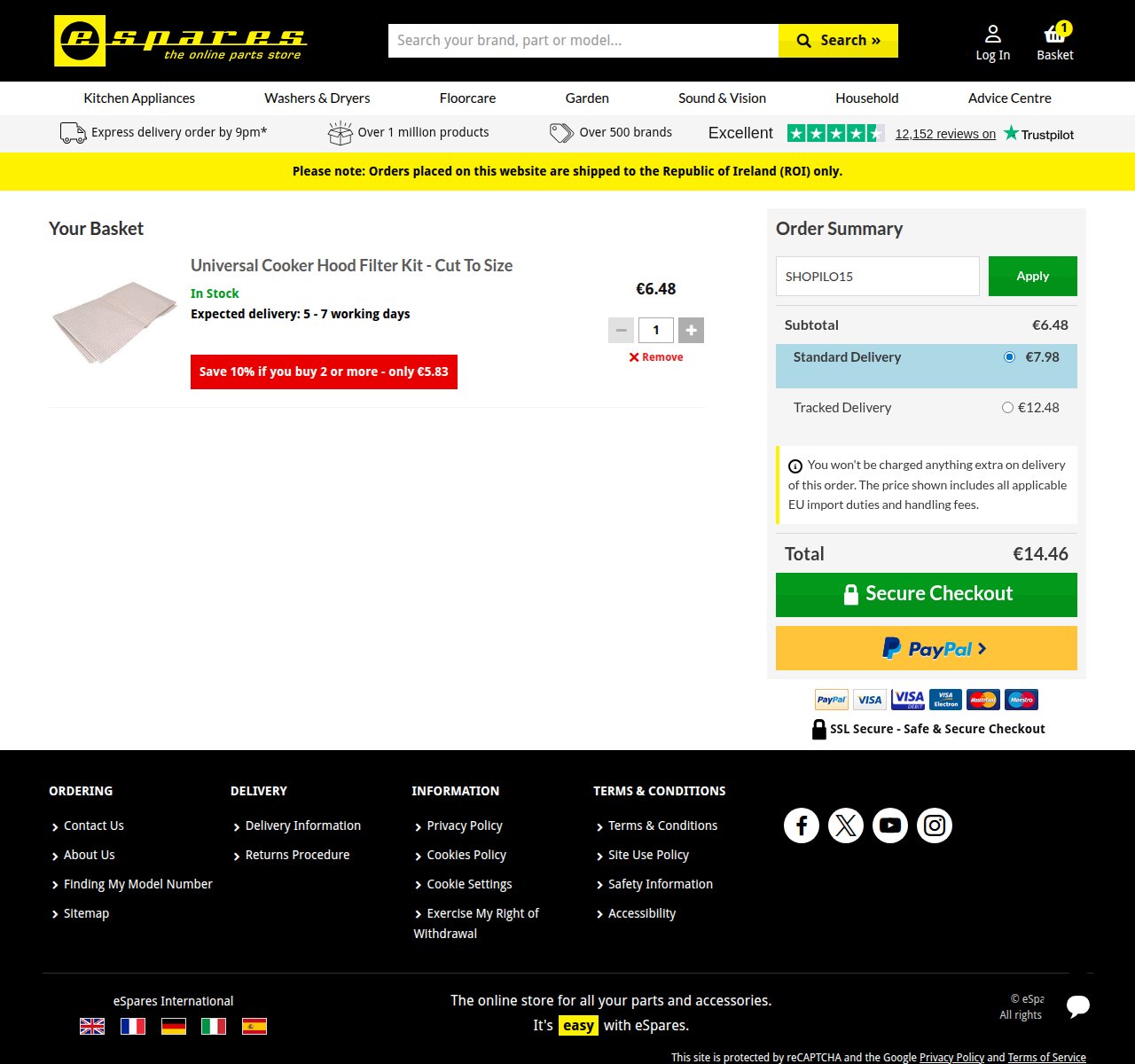 Where to enter the discount code on the eSpares website