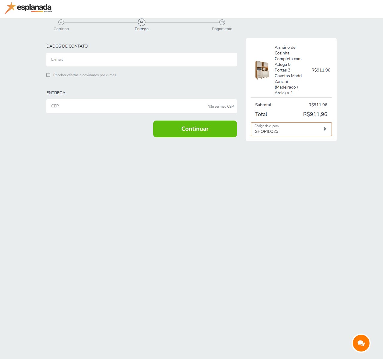 Onde inserir o código de desconto no site da Esplanada Móveis