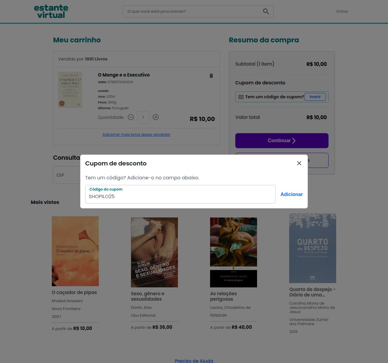 Onde inserir o código de desconto no site da Estante Virtual