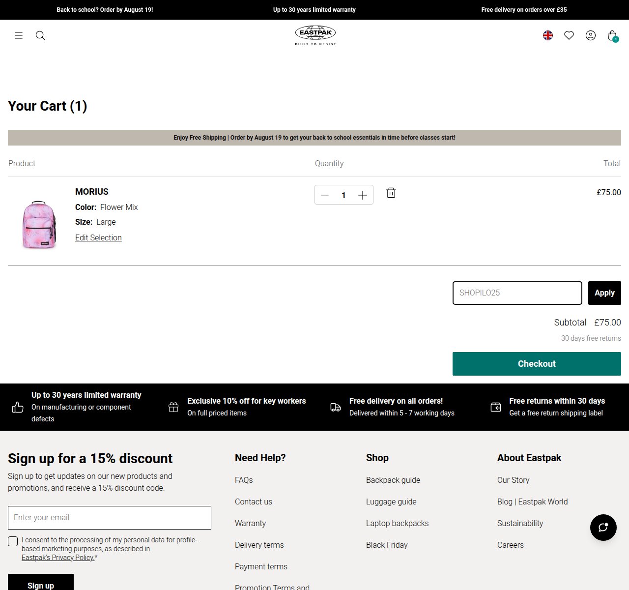 Onde inserir o código de desconto no site da Eastpak
