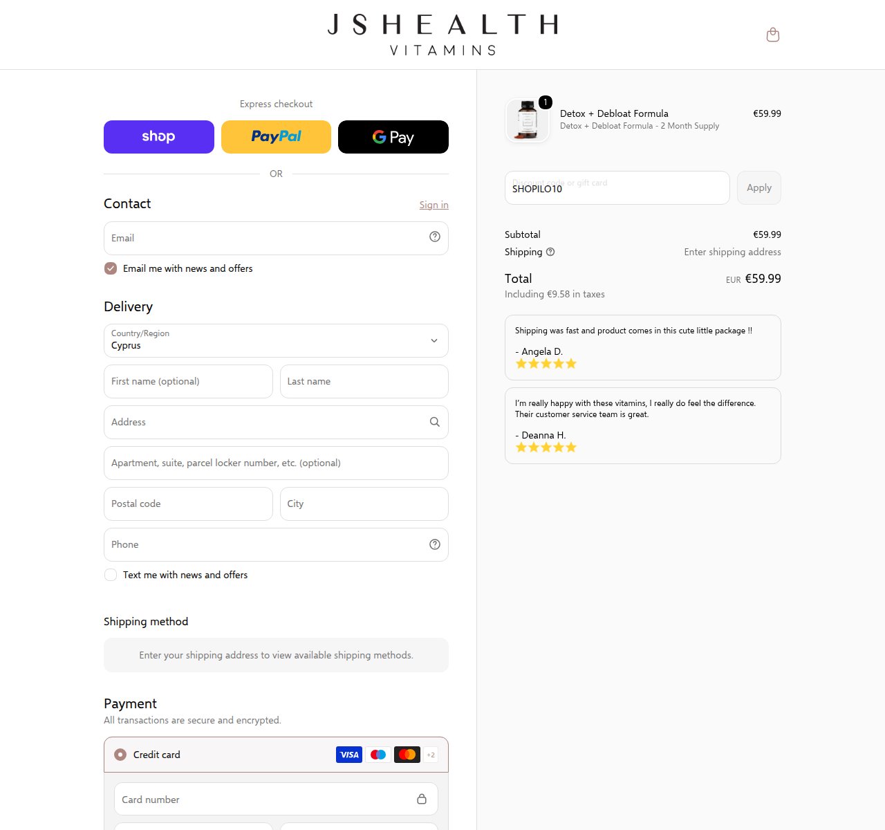 Where to enter the discount code on the JSHealth website
