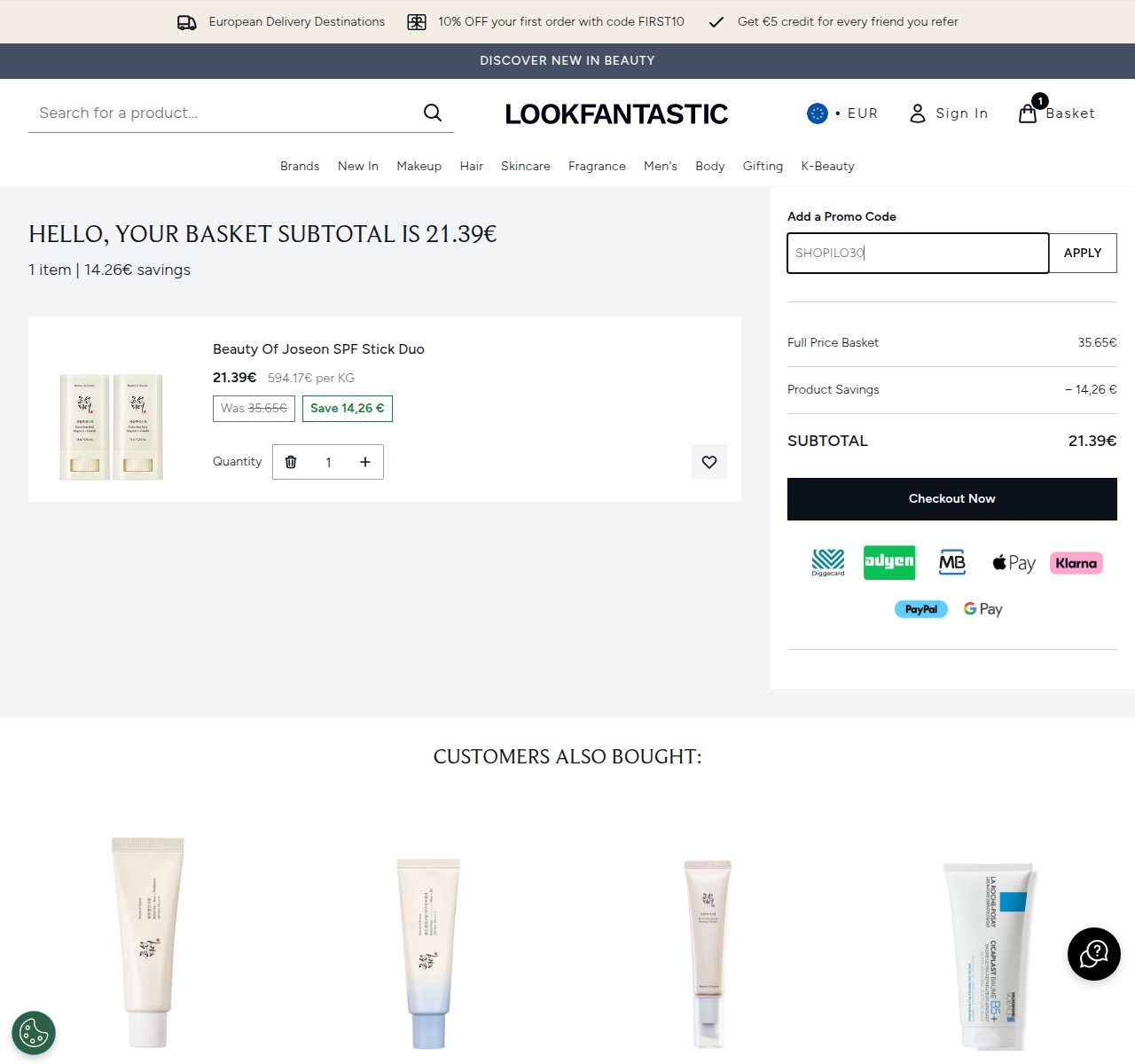 Onde inserir o código de desconto no site da Lookfantastic