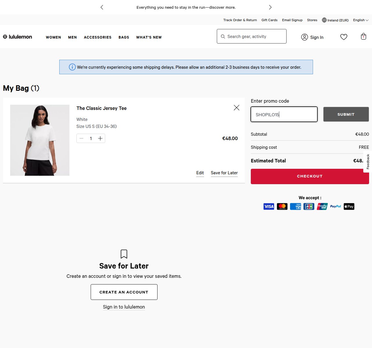 Where to enter the discount code on the Lululemon website