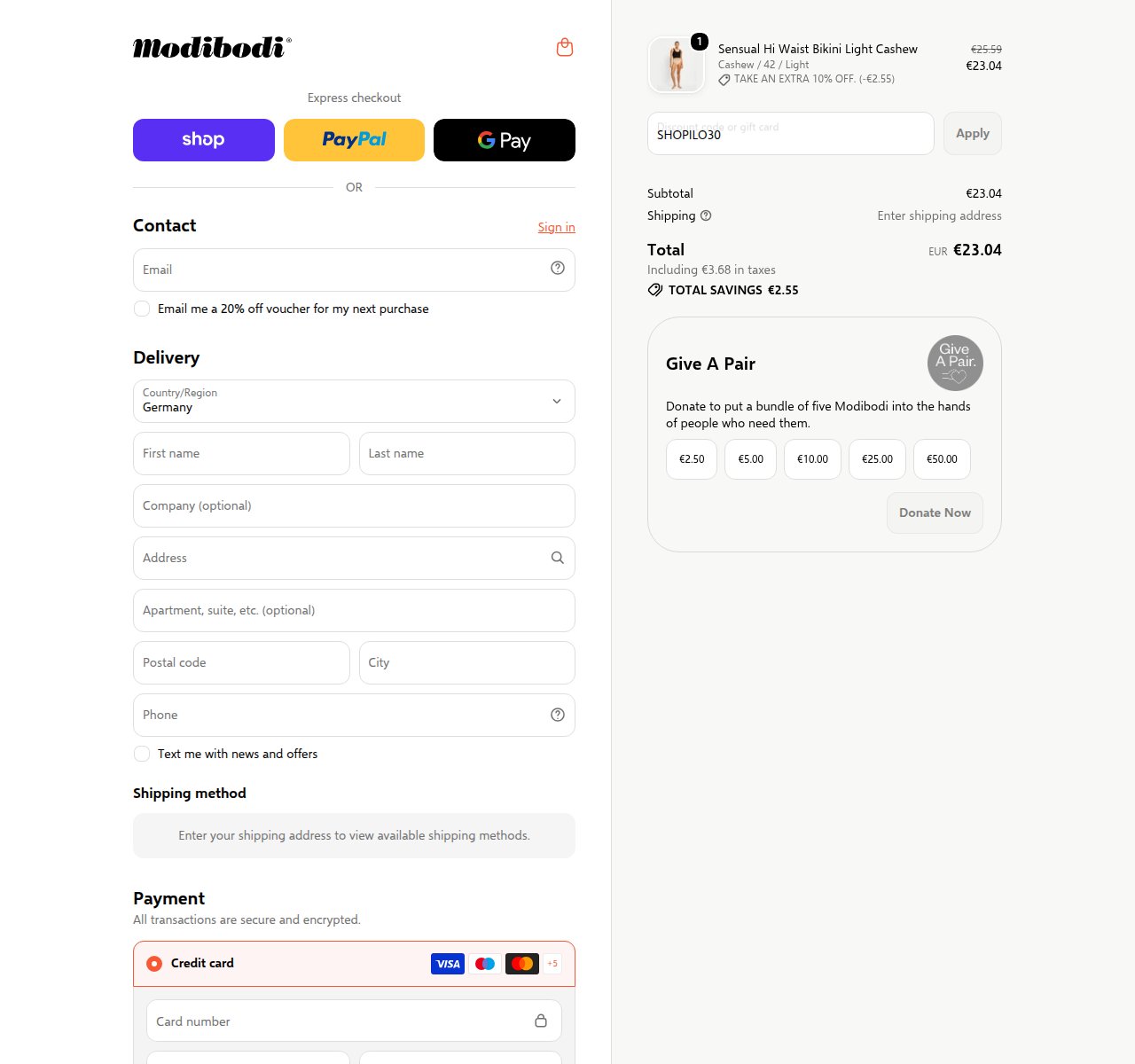 Where to enter the discount code on the Modibodi website
