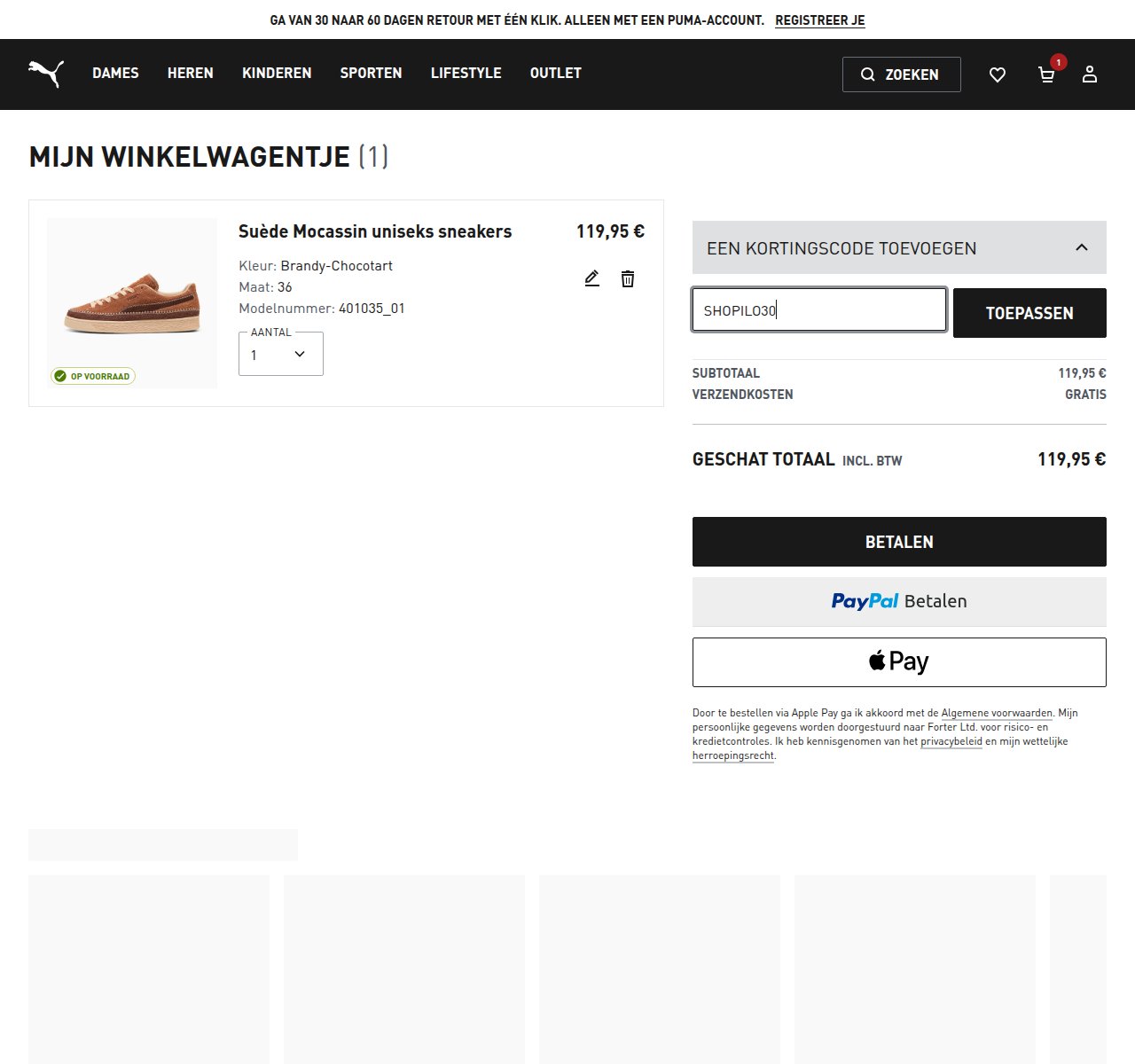 Waar je de kortingscode invoert op de Puma-website