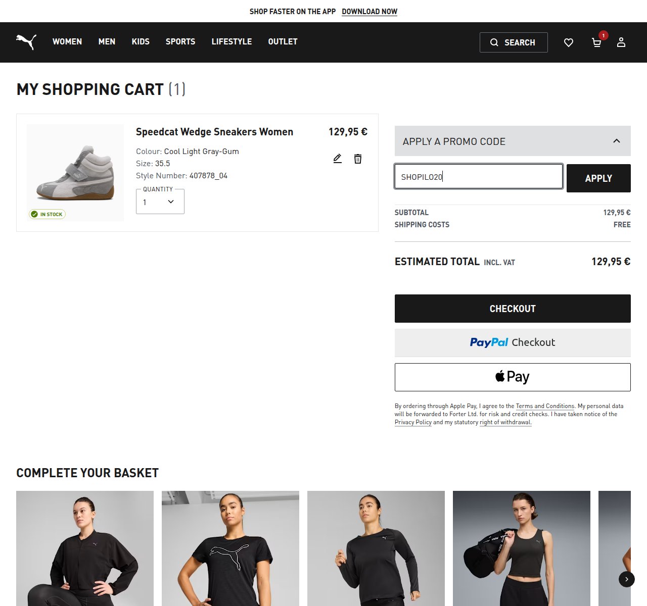 Where to enter the discount code on the PUMA website