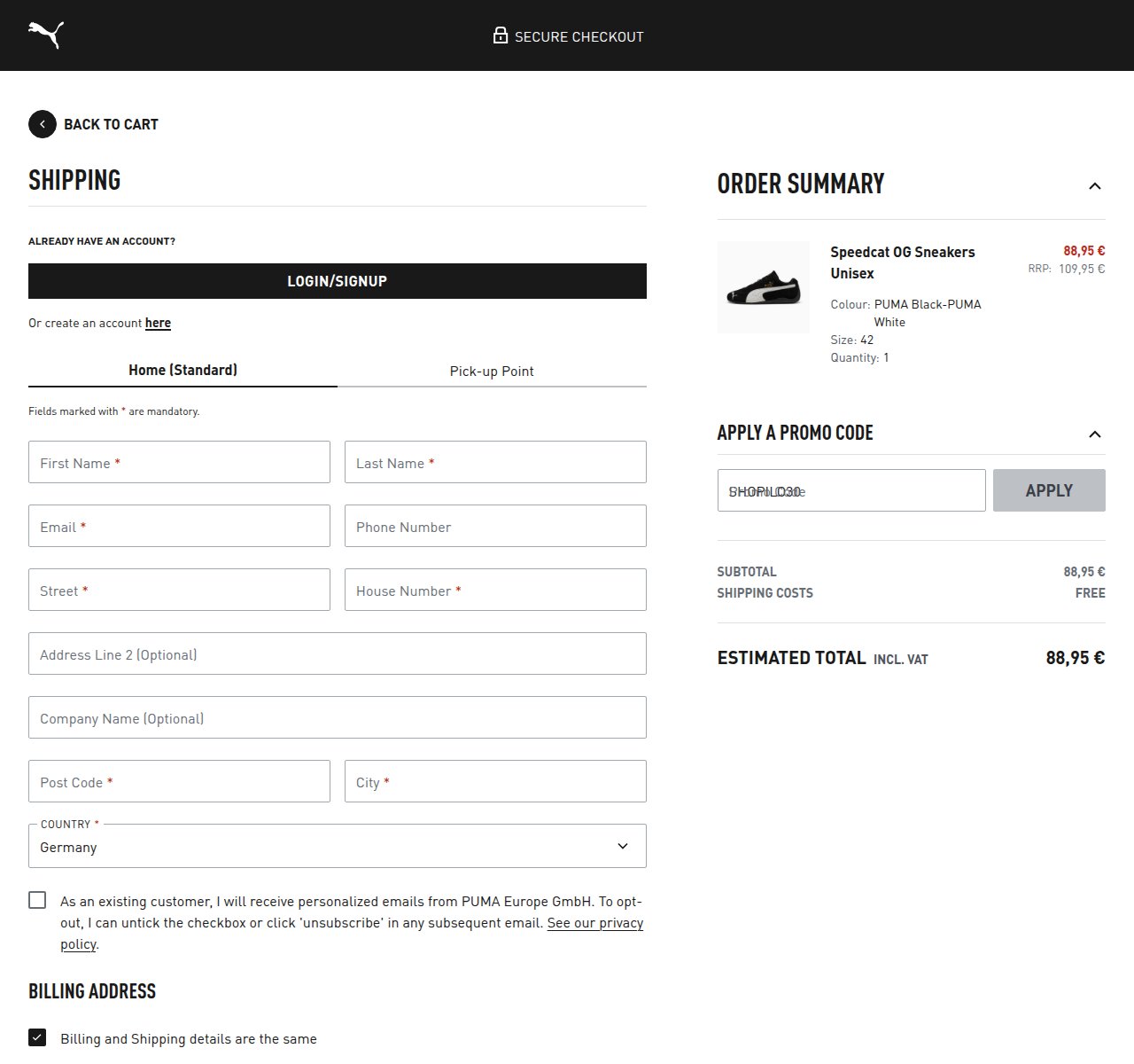 Unde introduci codul de reducere pe site-ul PUMA