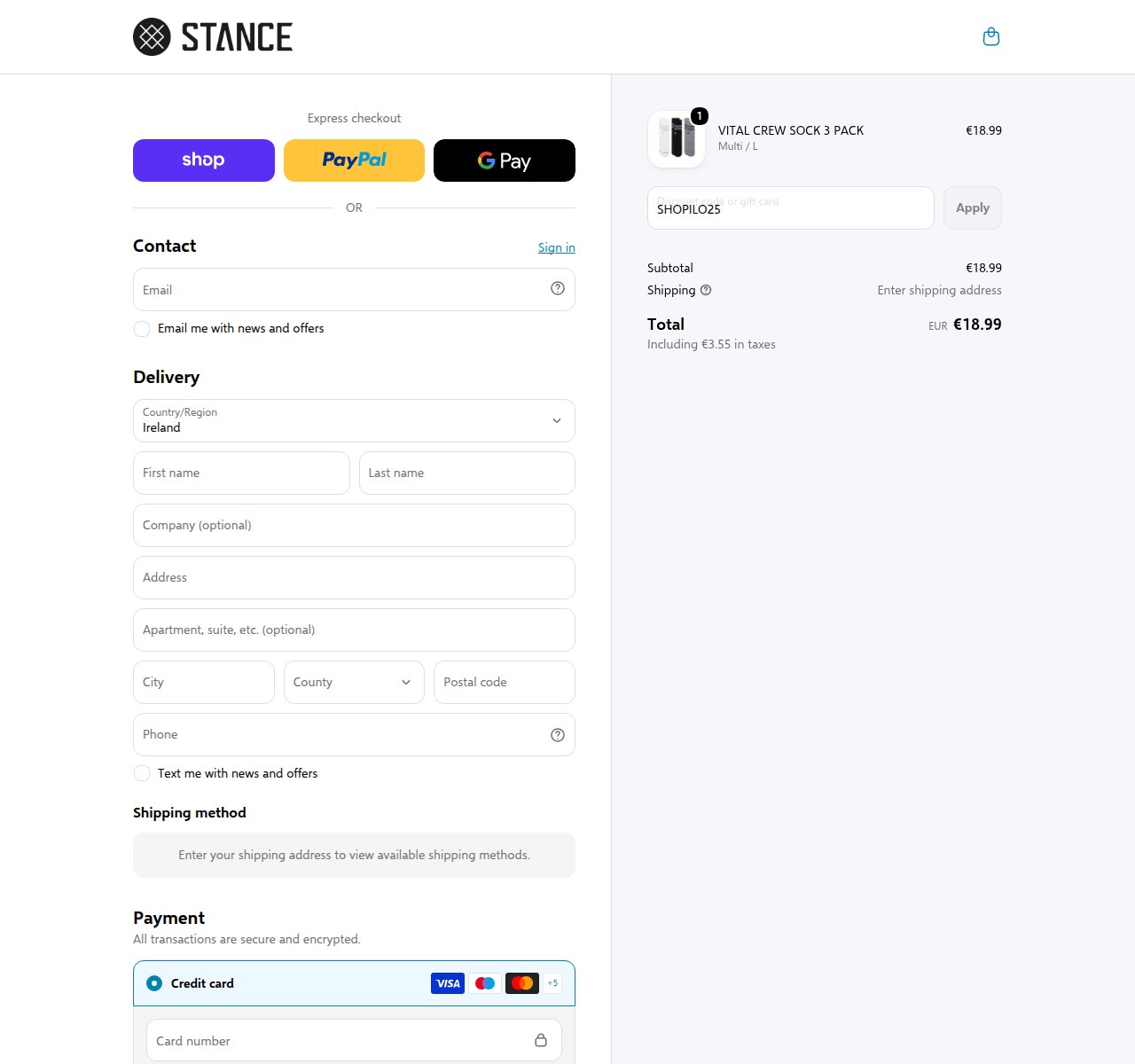 Where to enter the discount code on the Stance website