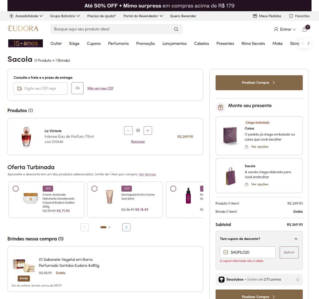 Onde inserir o código de desconto no site da Eudora