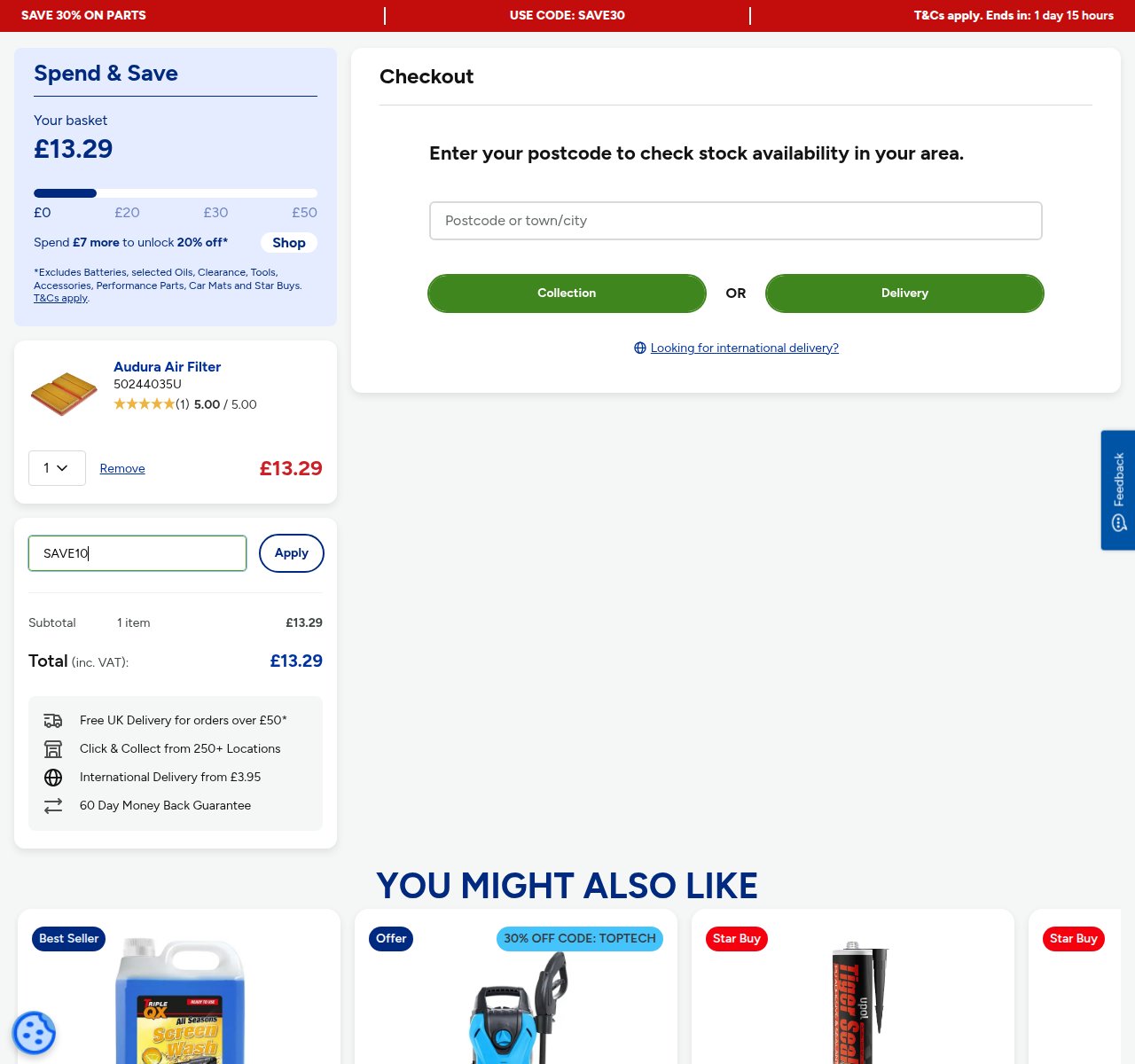 Where to enter the discount code on the Euro Car Parts website