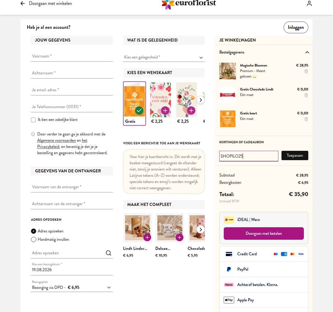 Waar je de kortingscode invoert op de Euroflorist-website