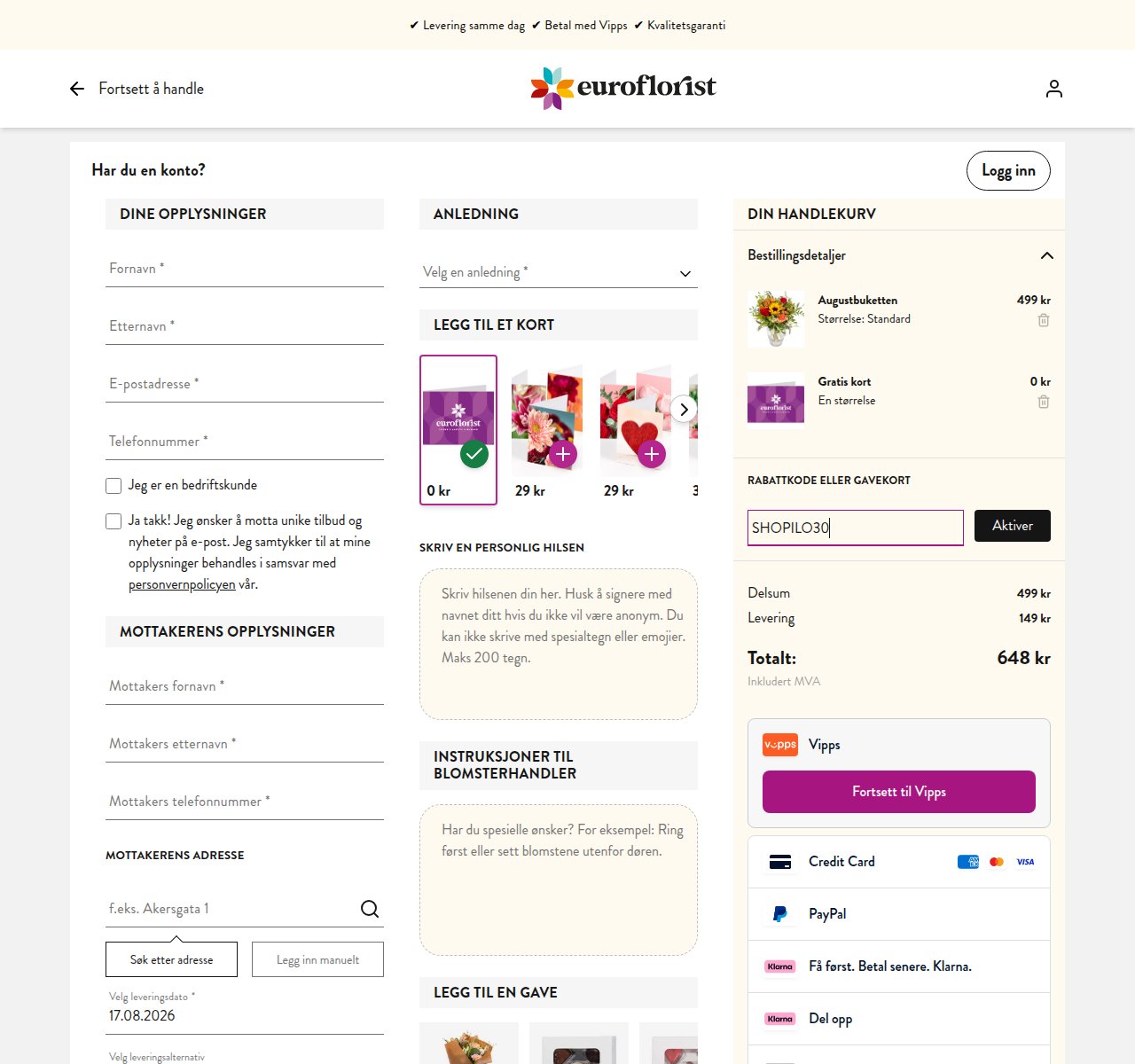 Where to enter the discount code on the Euroflorist website