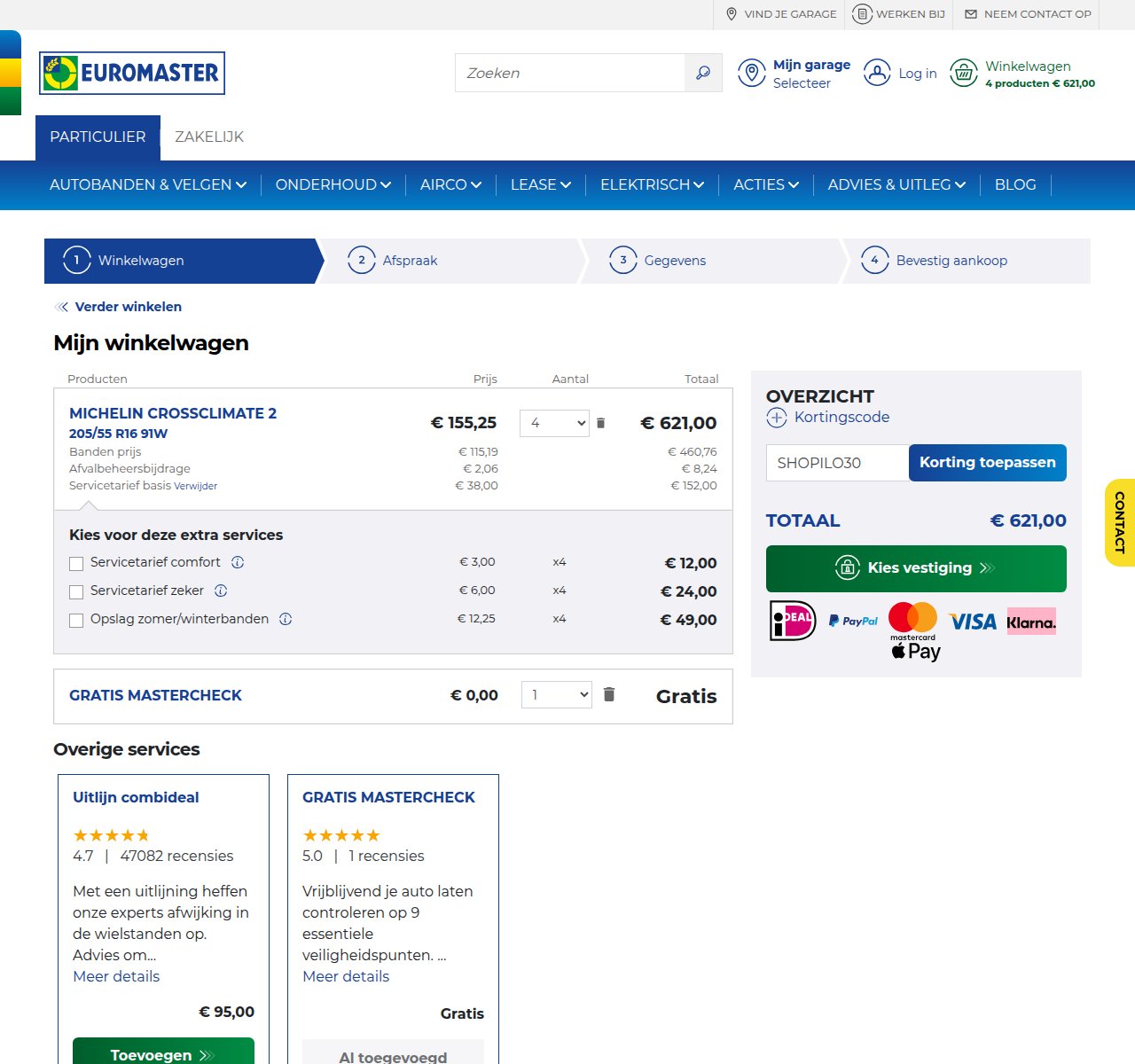 Waar je de kortingscode invoert op de Euromaster-website