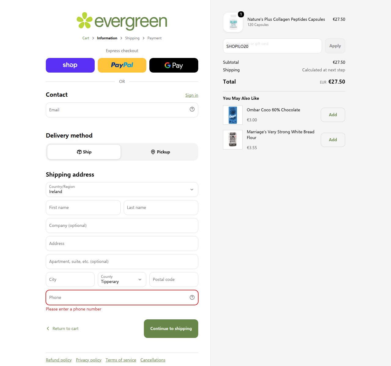 Where to enter the discount code on the Evergreen website