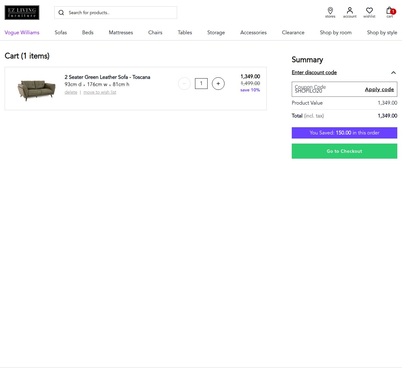 Where to enter the discount code on the EZ Living Furniture website