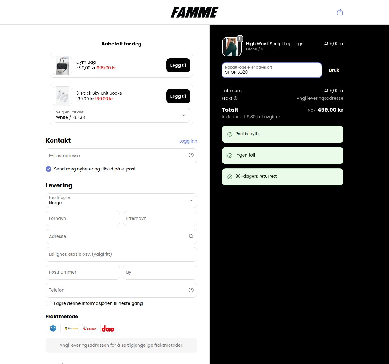 Where to enter the discount code on the Famme website