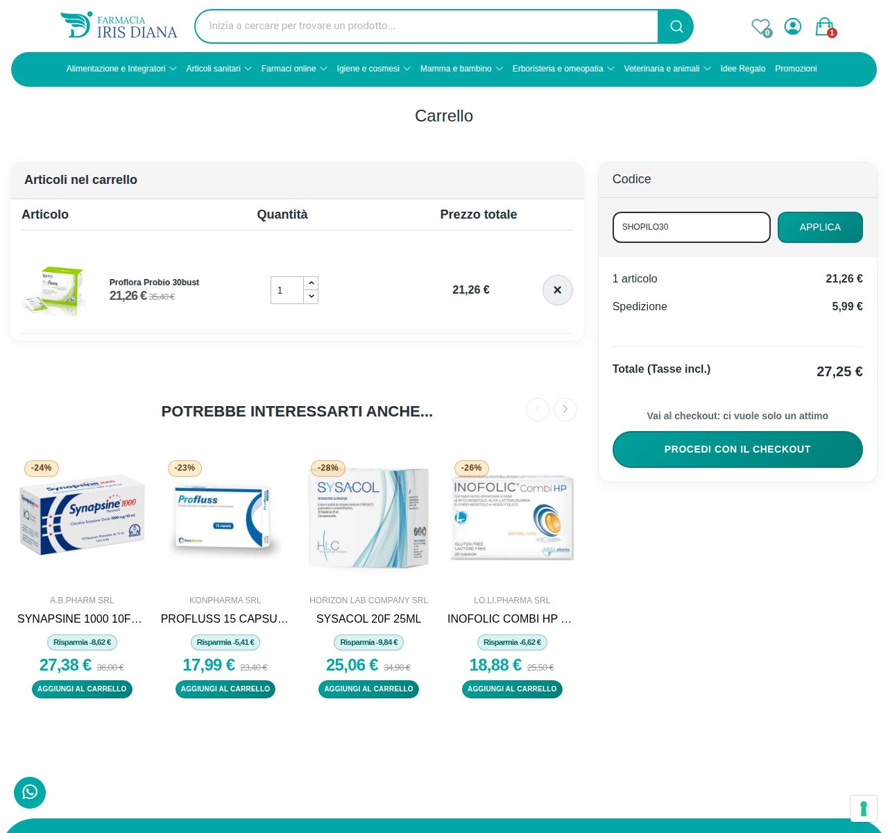 Dove inserire il codice sconto sul sito Farmacia Iris Diana